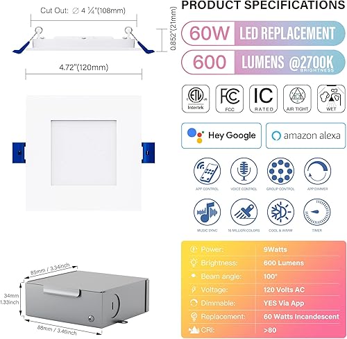 Miniatura 8 de JULLISON Luz LED inteligente empotrada delgada de 6 pulgadas, cuadrada, aplicación WiFi y control de voz, 120 V, 13 W, 1000 LM, RGB + 2700K-6000K,