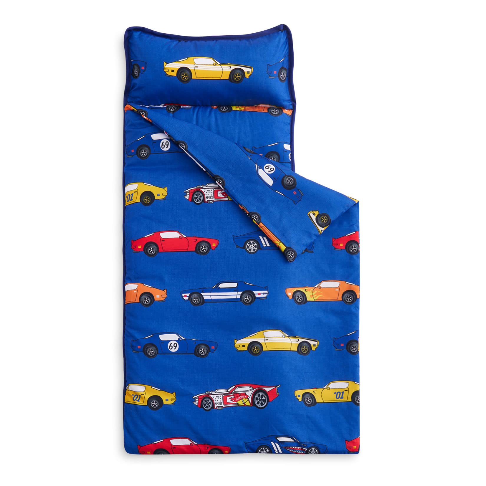 Wake In Cloud - Extra Long Nap Mat with Removable Pillow for Kids Toddler Boys Girls Daycare Preschool Kindergarten Sleeping Bag, Sports Race Cars Supercars on Blue, 100% Soft Microfiber