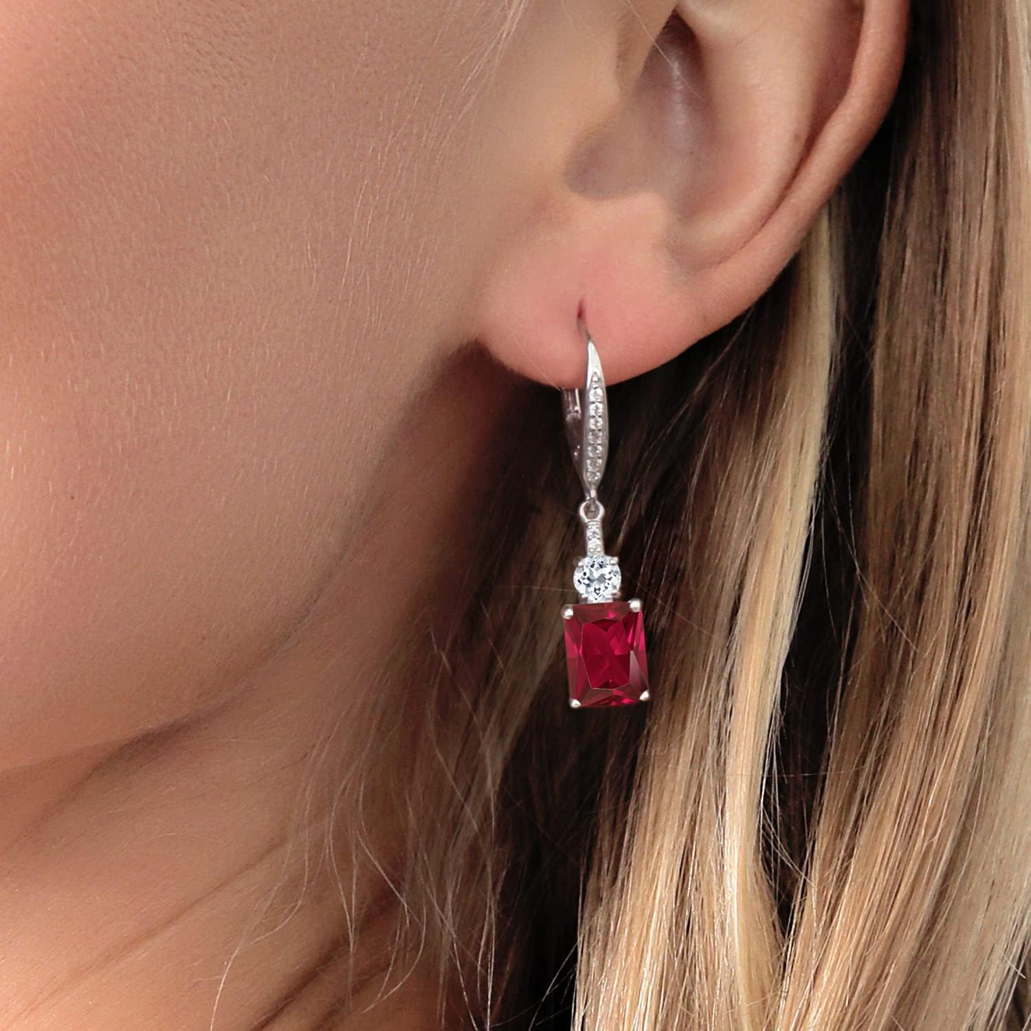 Gem Stone King Drop Dangle Gemstone Birthstone and White Topaz Earrings for Women | 925 Sterling Silver | Emerald Cut 9X7MM | Fine Jewelry Gifts for Her Mom Anniversary Wedding