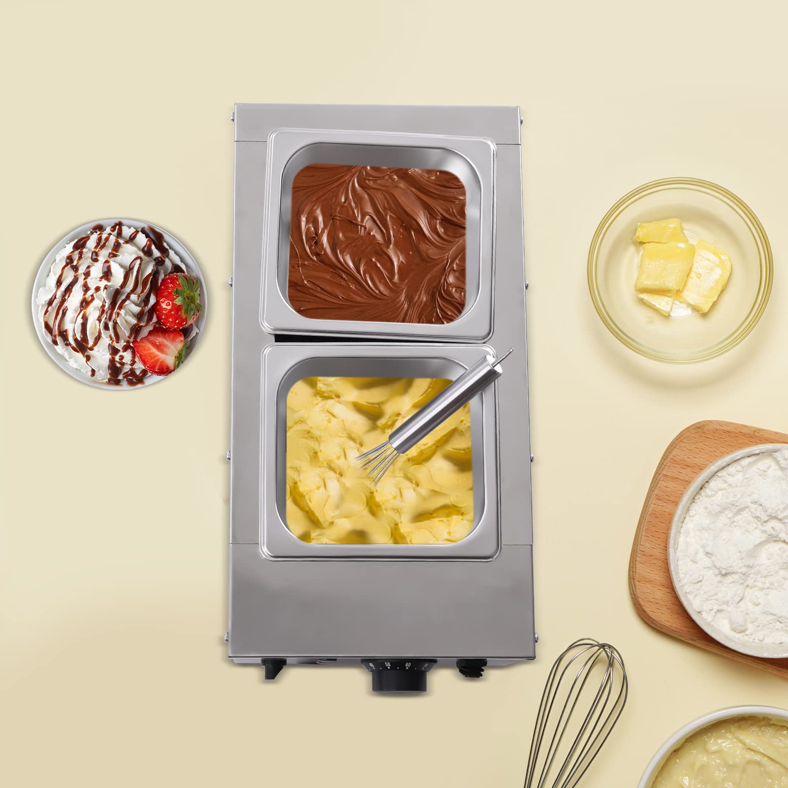 6L/1.5gal Chocolate Tempering Machine, 6-185? Commercial Electric Melting 2-Pot, Stainless Steel Food Warmer, Professional Heated Chocolate Melter with Lid for Catering Restaurant Canteen Home Party