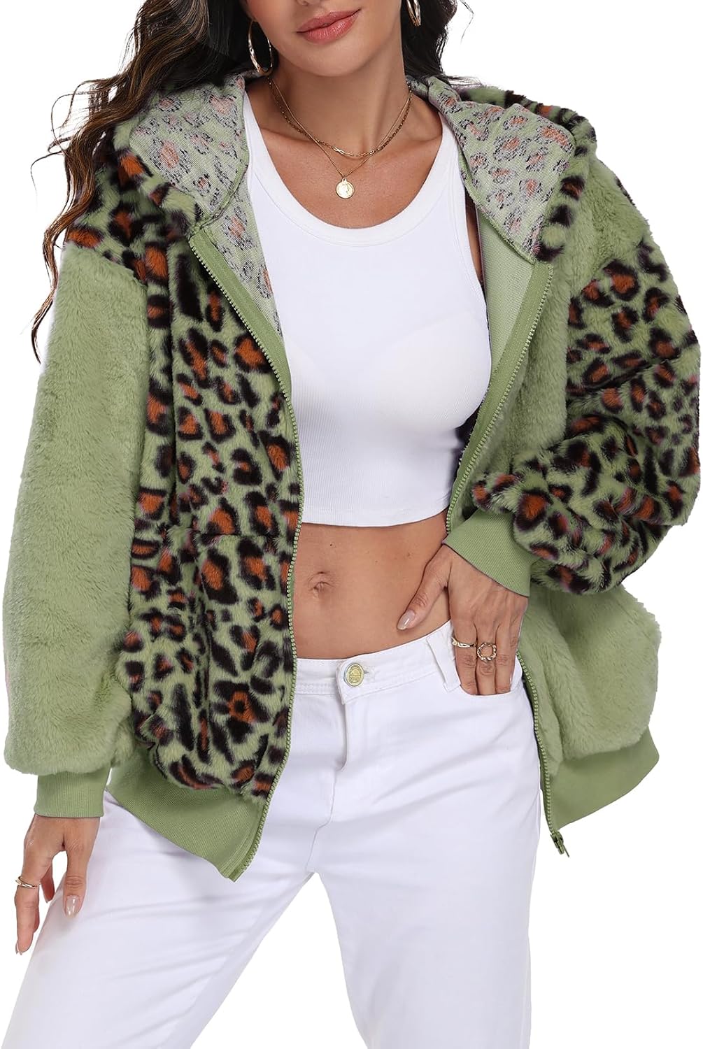 Kimmery Womens Fuzzy Sherpa Zip Up Hoodie Color Block Cozy Winter Jacket with Non-Fleece Inner Lining for Street & Daily - Image 2