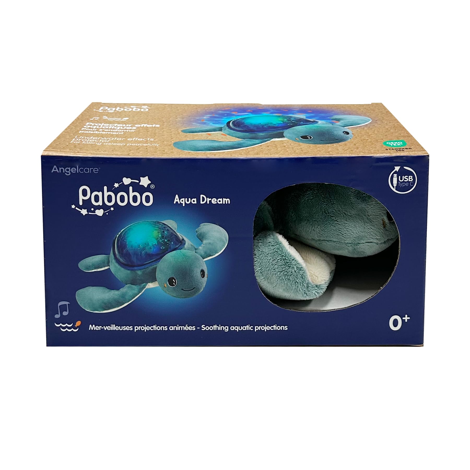 Pabobo - Nachtlicht Aqua Dream Baby Schildkröte mit Animeprojektionen & beruhigenden Geräuschen – Wiegenlied, weiße Geräusche & Meeresmelodien – Reaktivierung beim Weinen – wiederaufladbar mit USB-C