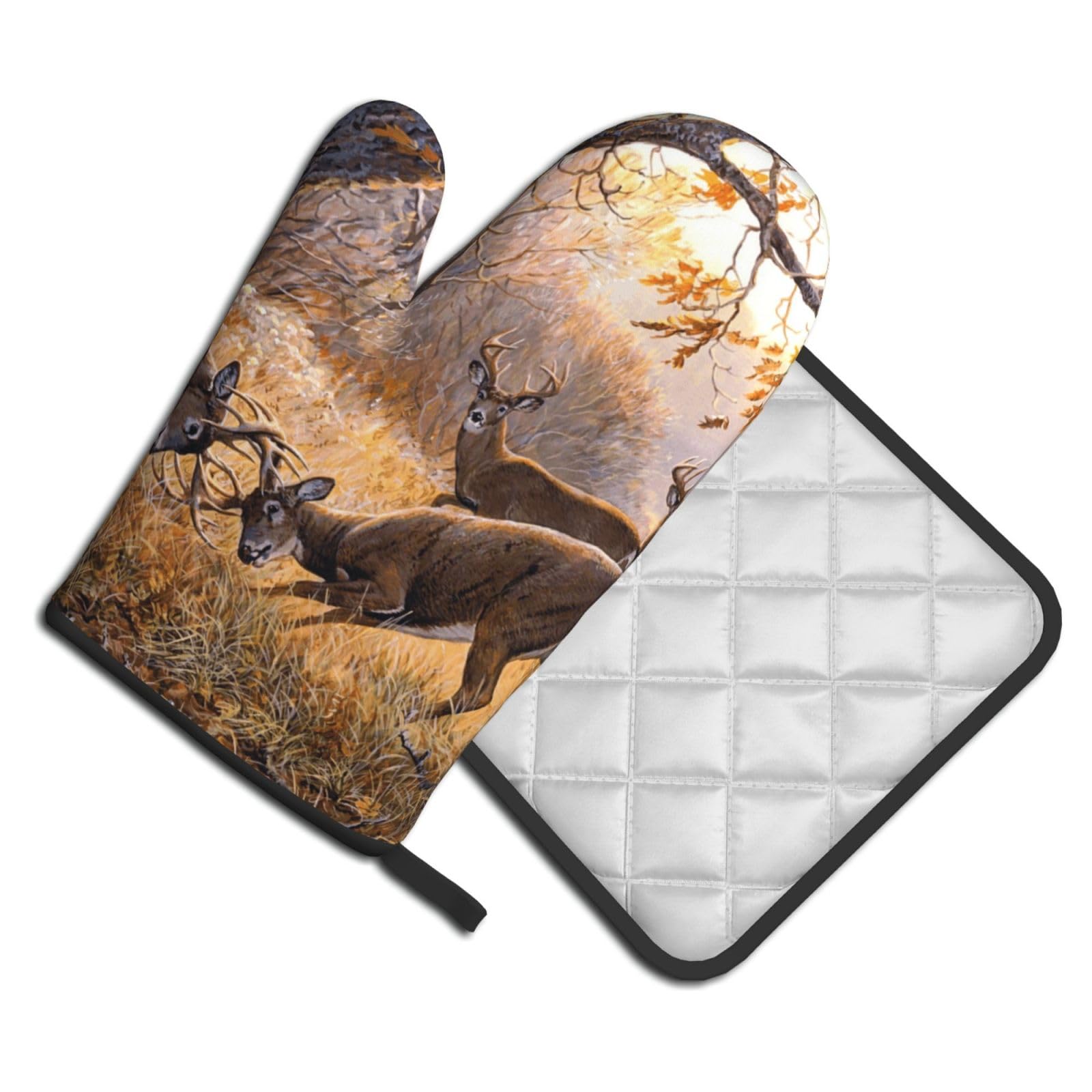 Oven Mitts and Pot Holders Set of 2 Pcs, Deer Hunting Printed Heat Resistant Kitchen Gloves Potholders for Cooking Baking Grilling