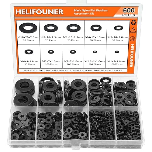 HELIFOUNER Juego surtido de 600 piezas de 8 tamaños de arandelas planas de nailon negro - M2 M2.5 M3 M4 M5 M6 M8 M10