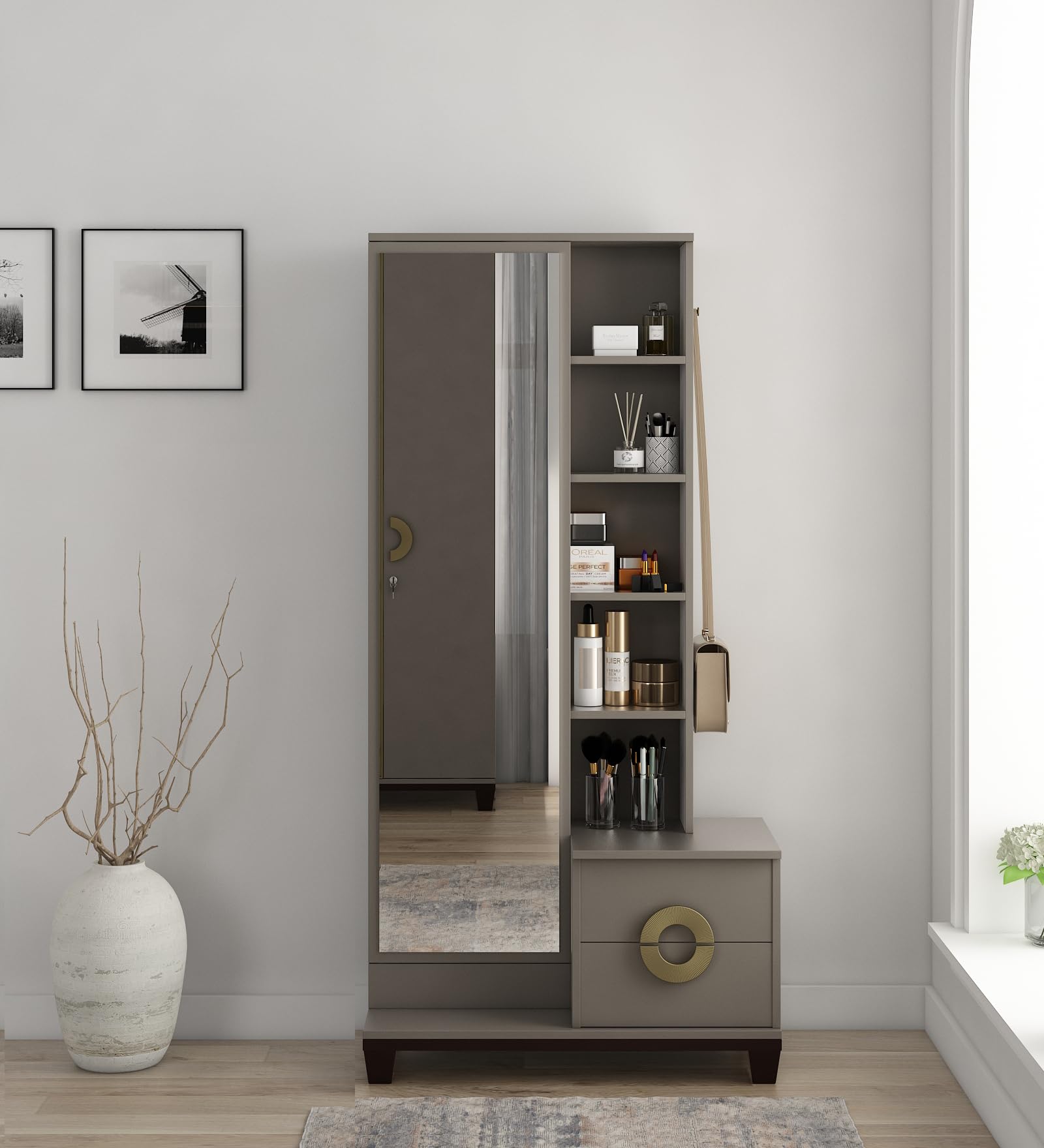 Spacewood Dressing Table | Morgan | 3 Year Warranty | 5 Shelves & 2 Drawer, Vanity Table for Bedroom, Living Room, and Home| Engineered Wood | Sahara Beige (Matte), Dark Brown and Gold-picture-16