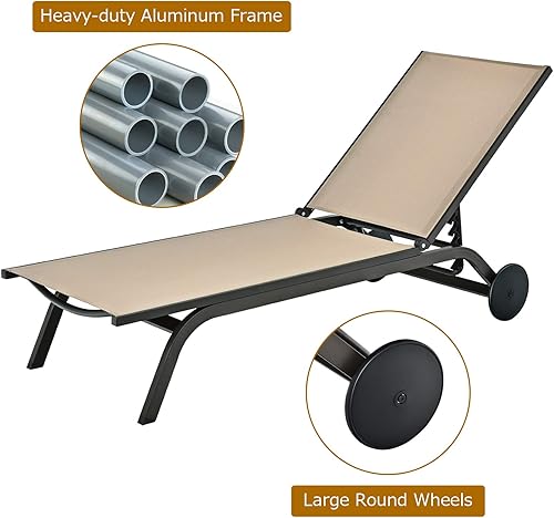 Miniatura 8 de Tangkula Tumbona de aluminio para exteriores, silla reclinable para patio con 6 respaldos ajustables, tumbona reclinable con ruedas para playa,