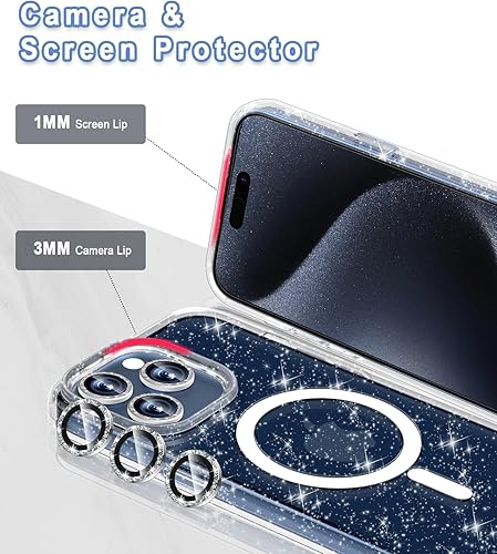 Miniatura 4 de Funda magnética brillante para iPhone 15 Pro Max compatible con MagSafe, 2 protectores de pantalla y 2 protectores de lente de cámara de diamante,