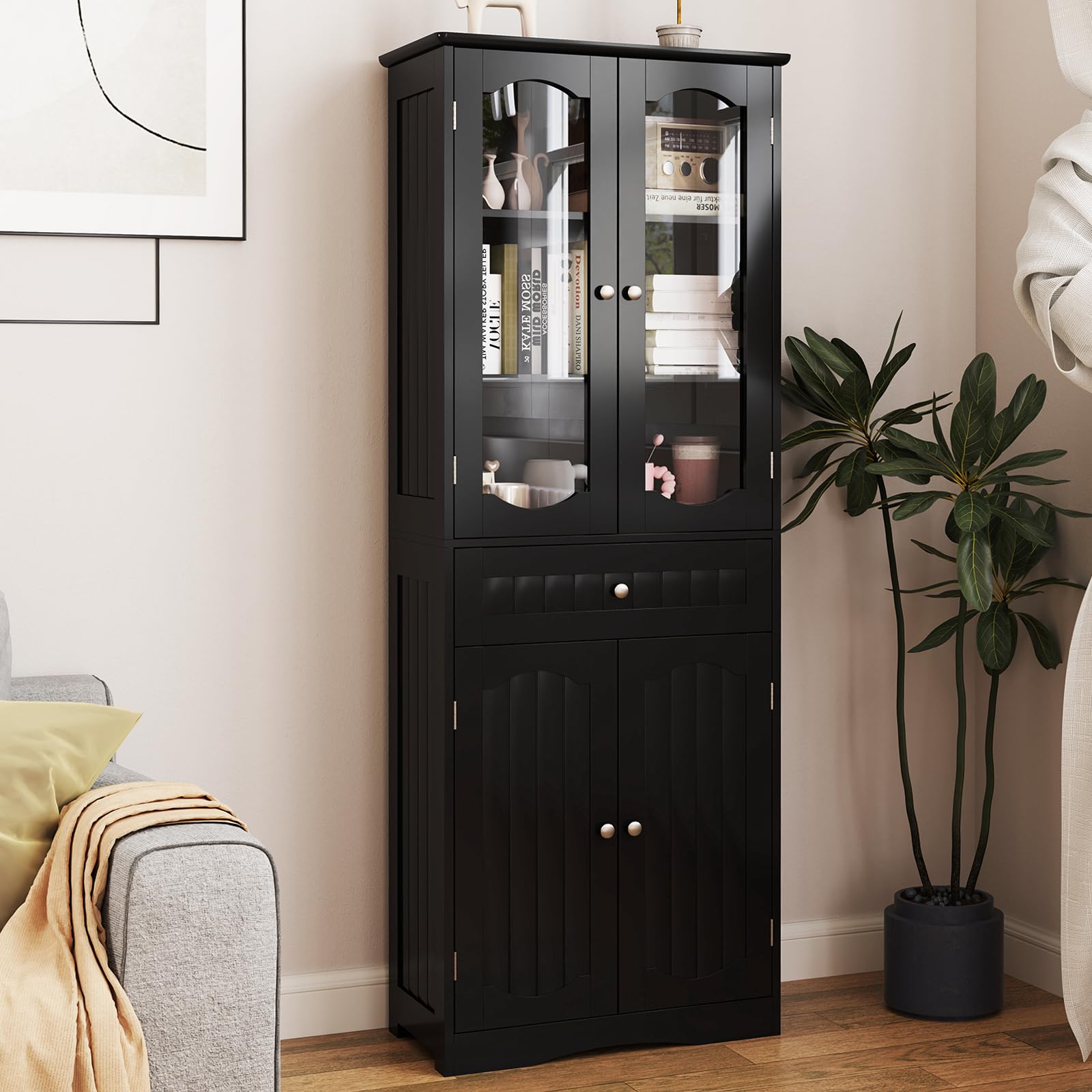 GOPLUS Armario de Baño Alto de 160 CM, Armario de Almacenamiento Independiente con Puertas de Vidrio Templado, Estantes Ajustables y Cajón Grande, Organizador Estrecho para Cocina (Negro)
