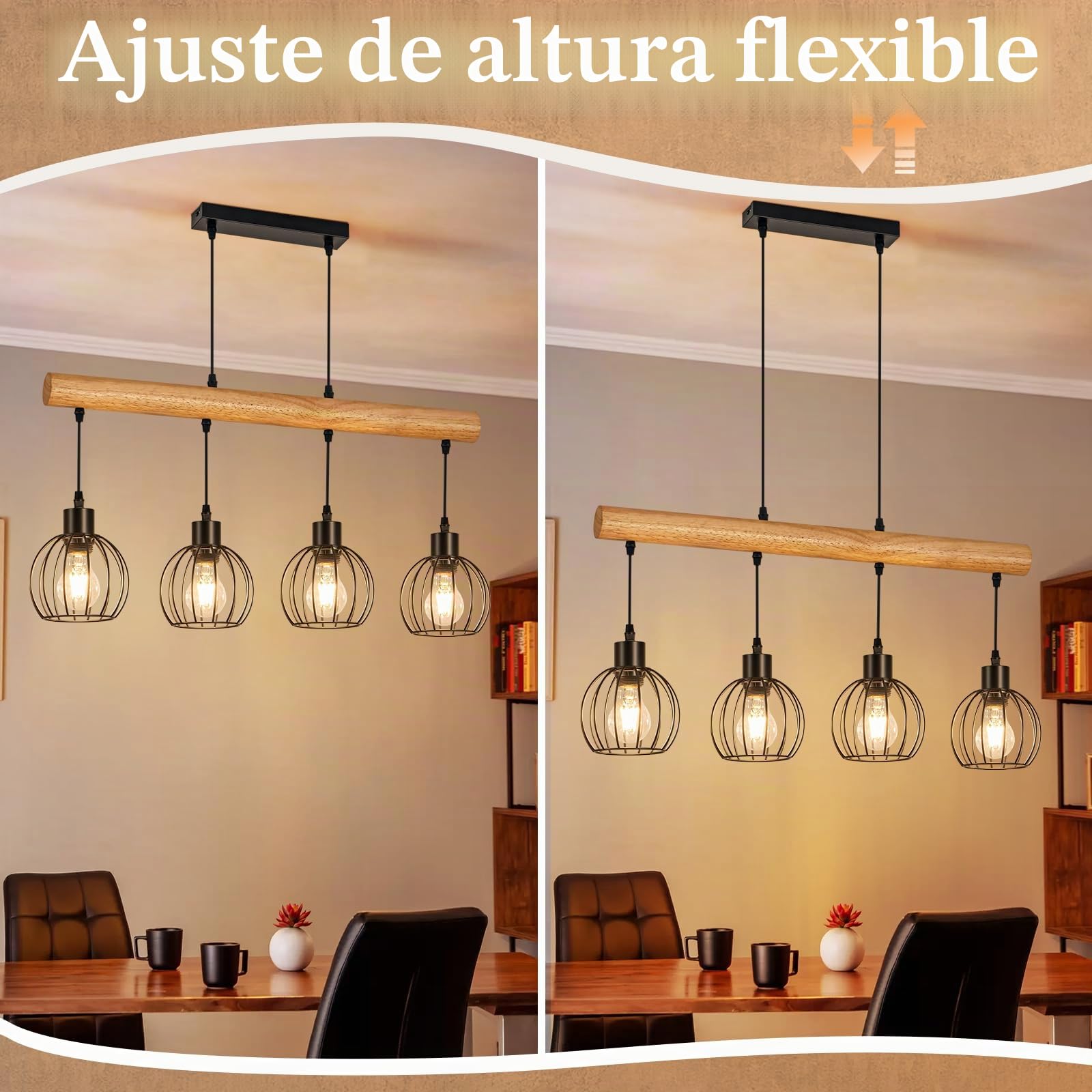 ZMH Lámpara colgante vintage de madera con 4 bombillas Lámpara colgante | de mesa de comedor de diseño industrial, negra. Retro, lámpara de mesa de comedor para (bombillas no incluidas)