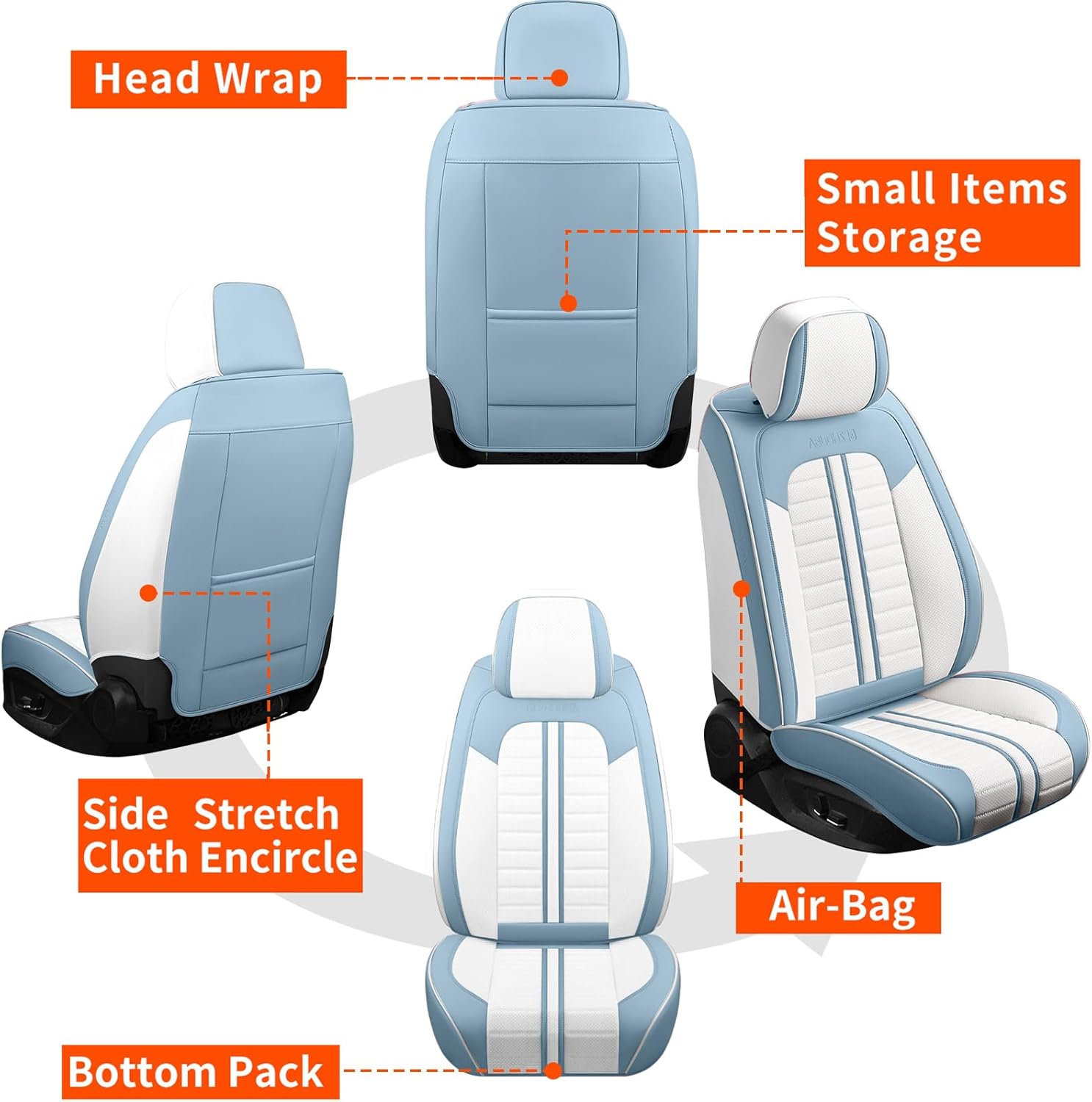 Car Seat Covers Full Set with Waterproof Leather, Luxury Universal Automotive Vehicle Cover for Cars SUV Pick-up Truck, Heavy Duty Seat Protector Car Interior Accessories (Blue White)