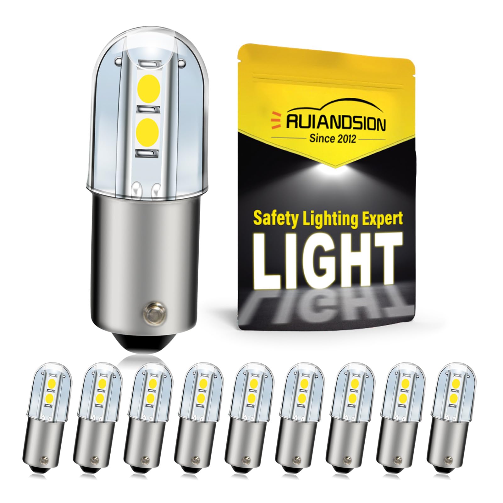 Ruiandsion 10-Pack BA9S LED White Bulbs 220V, 1W Energy Saving, 4x3030 SMD Chips, Non-Polarity, Long Lifespan for Multiple Indicator Light Applications