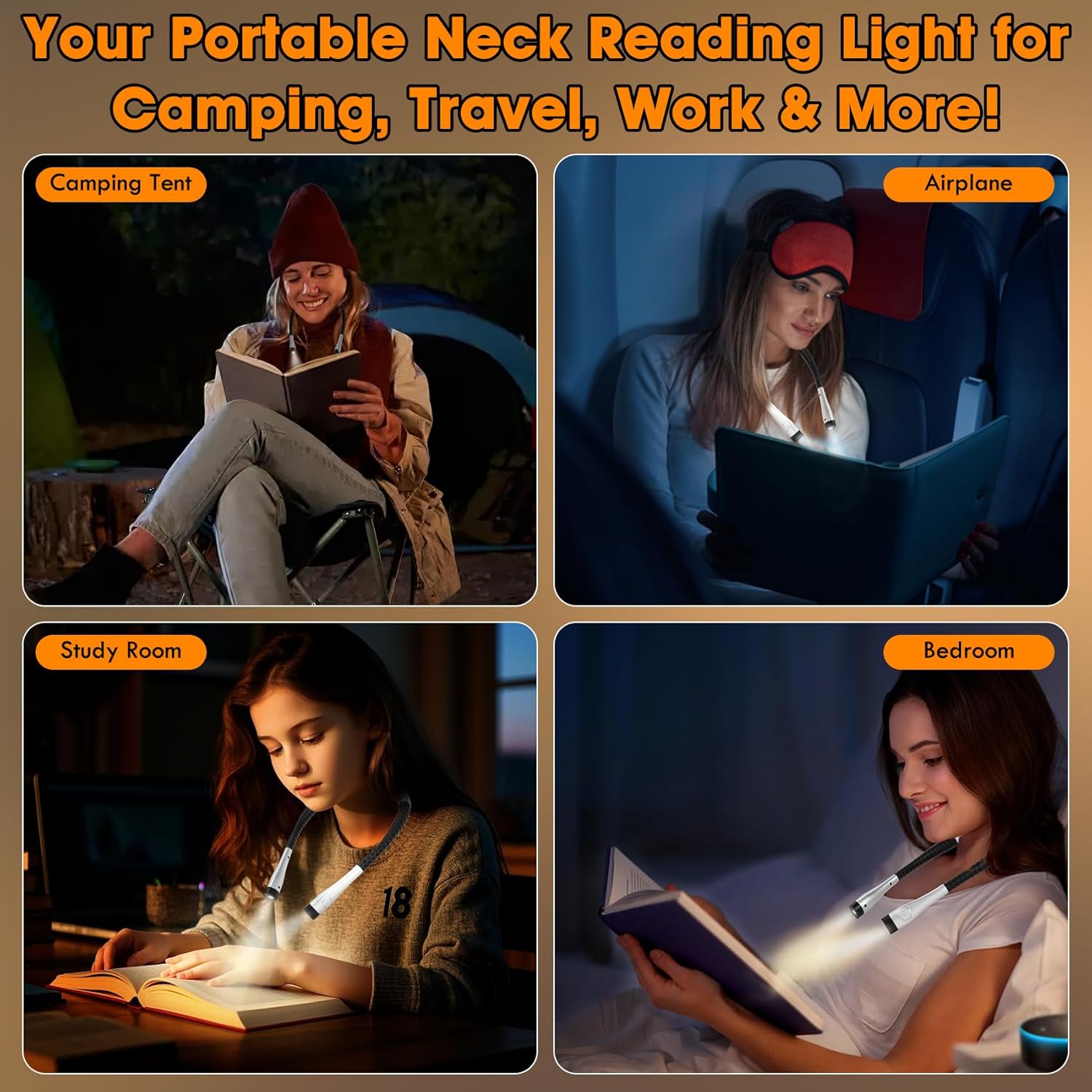 Rechargeable Neck Reading Light with 3 Adjustable Light Modes, Hands Free LED Booklight Lamp for Books in Bed, Night Reading, Comfortable Book Lights for Readers & Crafters (Silvery)