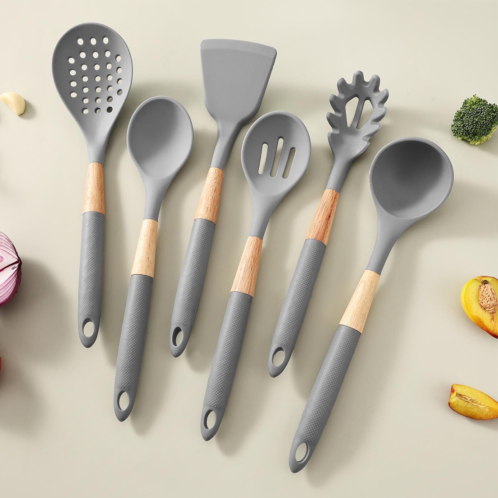 Juego de Utensilios de Silicone Juego de 7 Piezas Resistente al Calor | Cucharas de Cocina, Cucharón y Espátula Para Ollas, Sartenes, Raspar, Hornear, Mezclar, Preparar