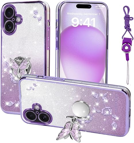 Miniatura 20 de Funda protectora para Apple iPhone 14 (6.1 pulgadas), para mujeres y niñas, funda protectora de TPU con diseño floral de mariposa con purpurina y