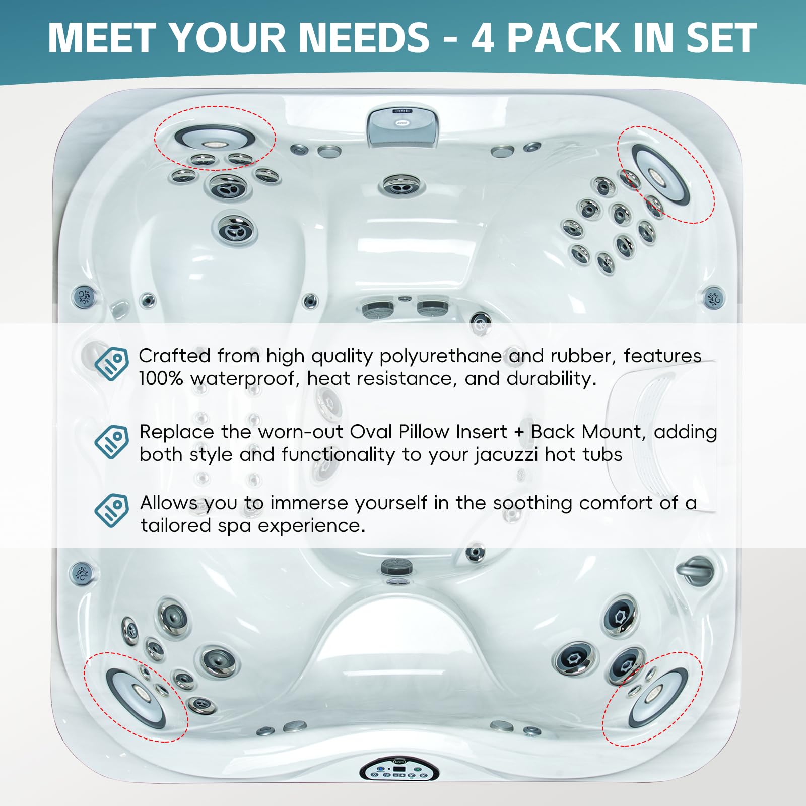 Confezione da 4 cuscini ovali e supporto posteriore per vasca idromassaggio Jacuzzi serie J-300 e spa, 2455-263 cuscini di ricambio per poggiatesta vasca idromassaggio 2455-263, supporto migliorato