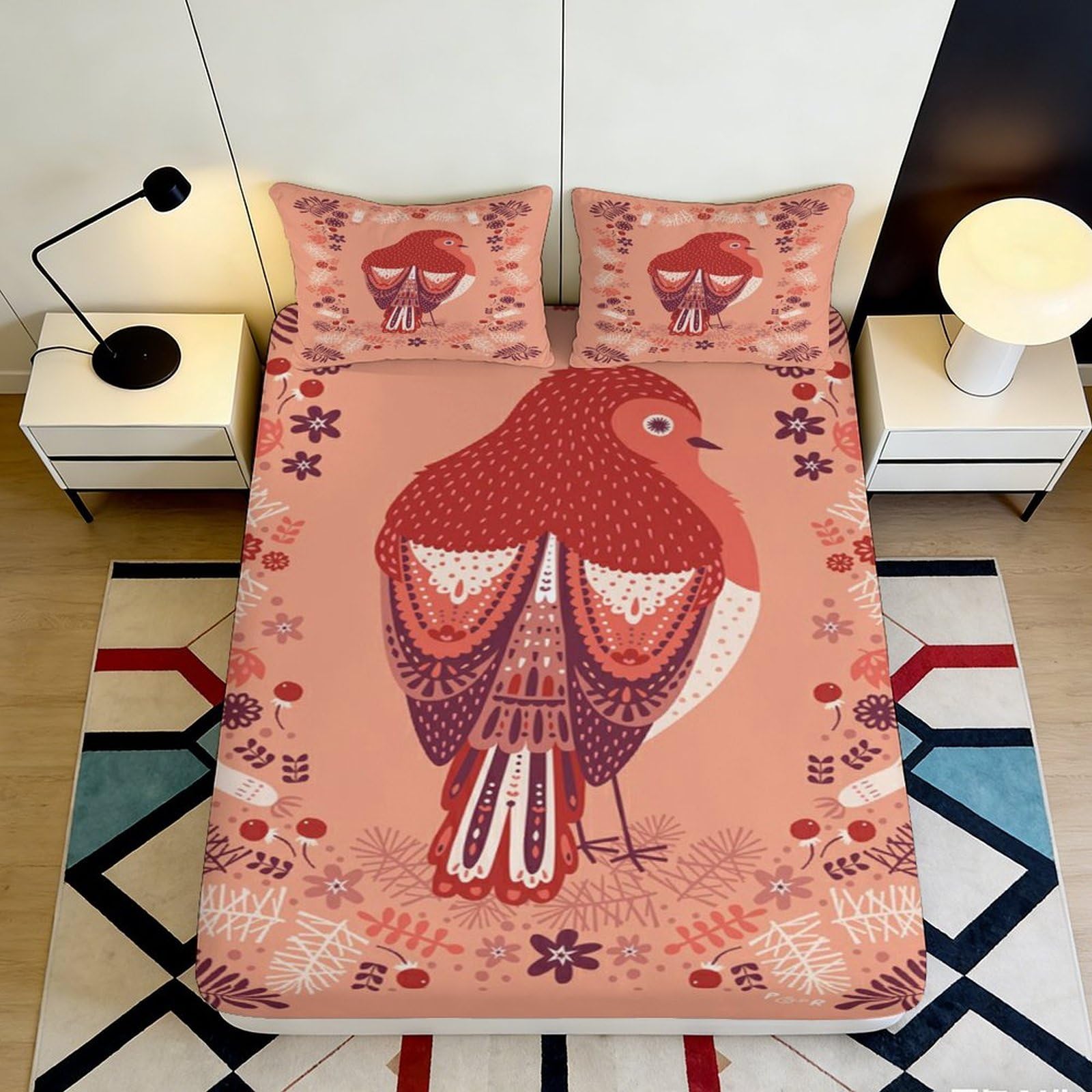 Decorative bird motif 3D Printed Fitted Sheet for master bedroom, Microfiber soft touch, apartment bedding, anti-slip 90x200x25cm