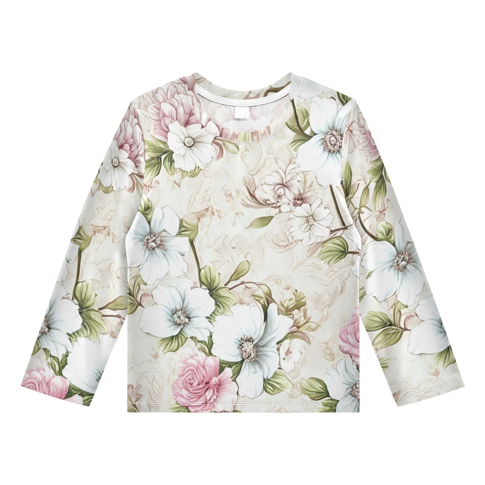 Rose Anemone Floral Beige Boy's Rash Guard Swim Shirt Long Sleeve Sun Shirt for Toddler Kid UPF50+ 3T