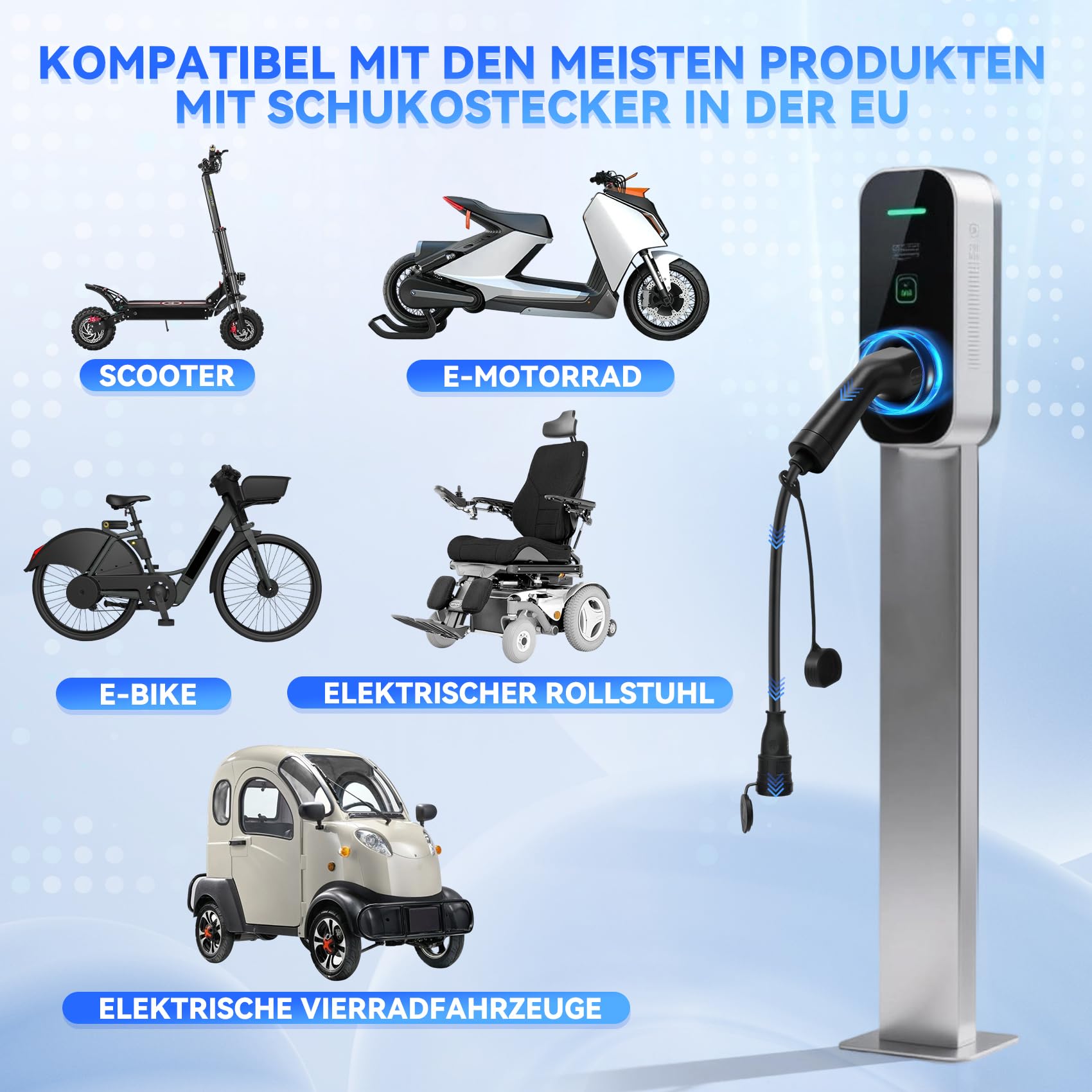 JULIK Typ 2 auf Schuko Adapter 16A 250V, Typ2 IEC 62196 EV Ladekabel LadegeräT Ladestationen Wallbox zu Schuko Steckdose für Elektrofahrzeuge E-Auto E-Motorrad Haushaltssteckdose (schwarz)