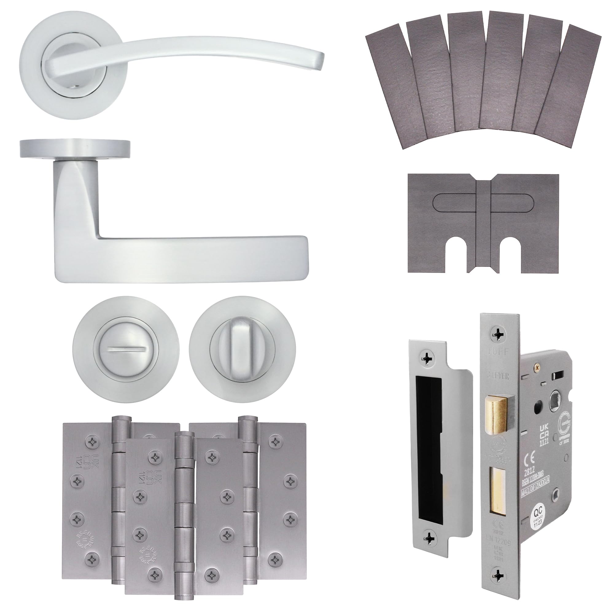 Eai Satin Chrome Satin Fire Door Handle Bathroom Set, Internal Fire Rated Door Handle With 80Mm Lock And 102Mm Hinges - 1 Pack Elson Range
