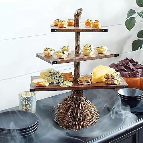 Mesa de postre de decoración de Halloween, adornos de resina para manualidades, soporte de 3 niveles, con forma de escoba, cesta creativa para