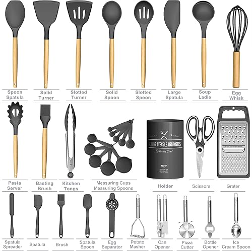 Miniatura 5 de Umite Chef Juego de utensilios de cocina de silicona, 34 piezas resistentes al calor y herramientas con rallador, asas de madera para utensilios de
