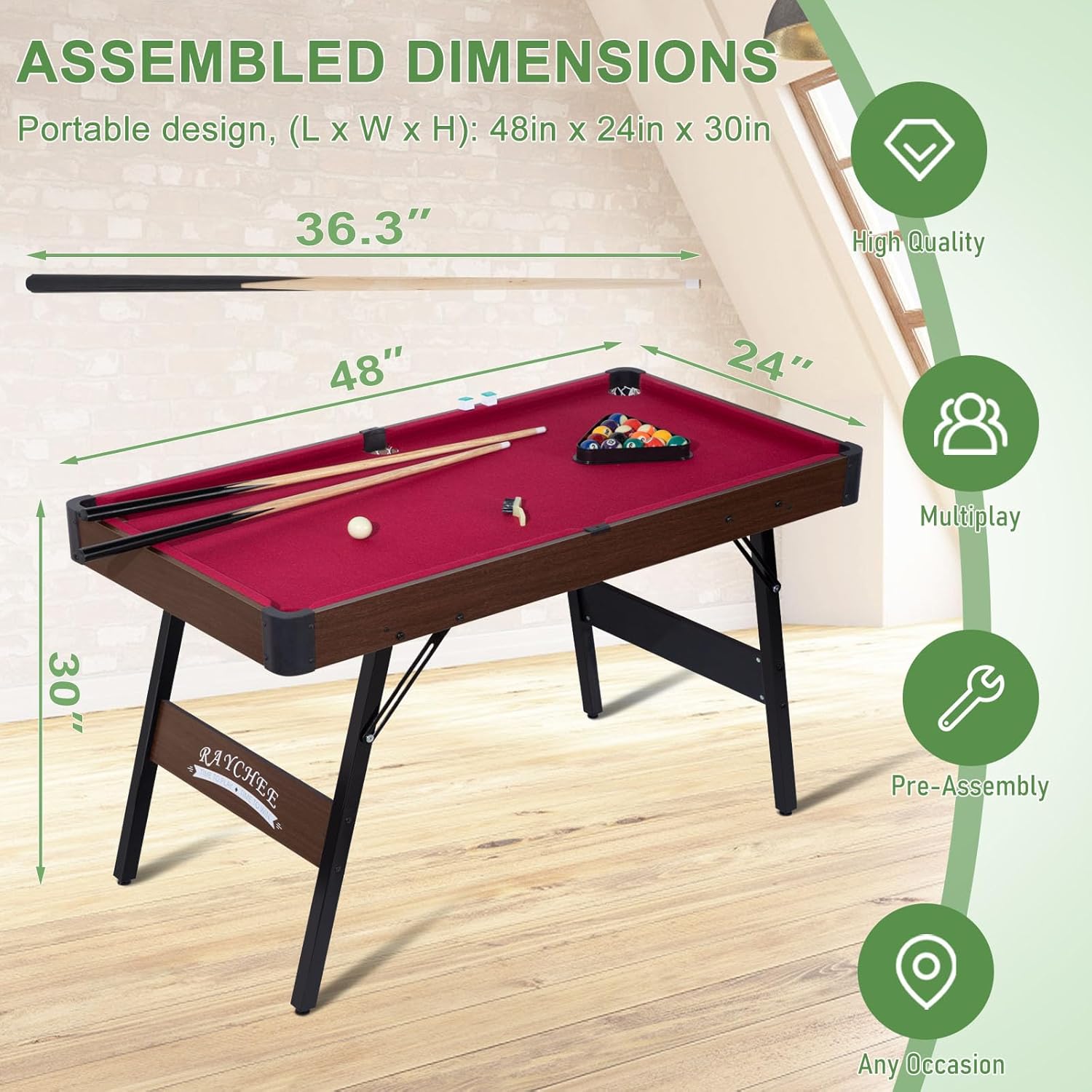 Folding Pool Table, Portable Billiard Game Tables for Kids and Adults, Mini Pool Table with Locking Legs, Adjustable Feet, Balls, Cues, Triangle, Chalk, Brush