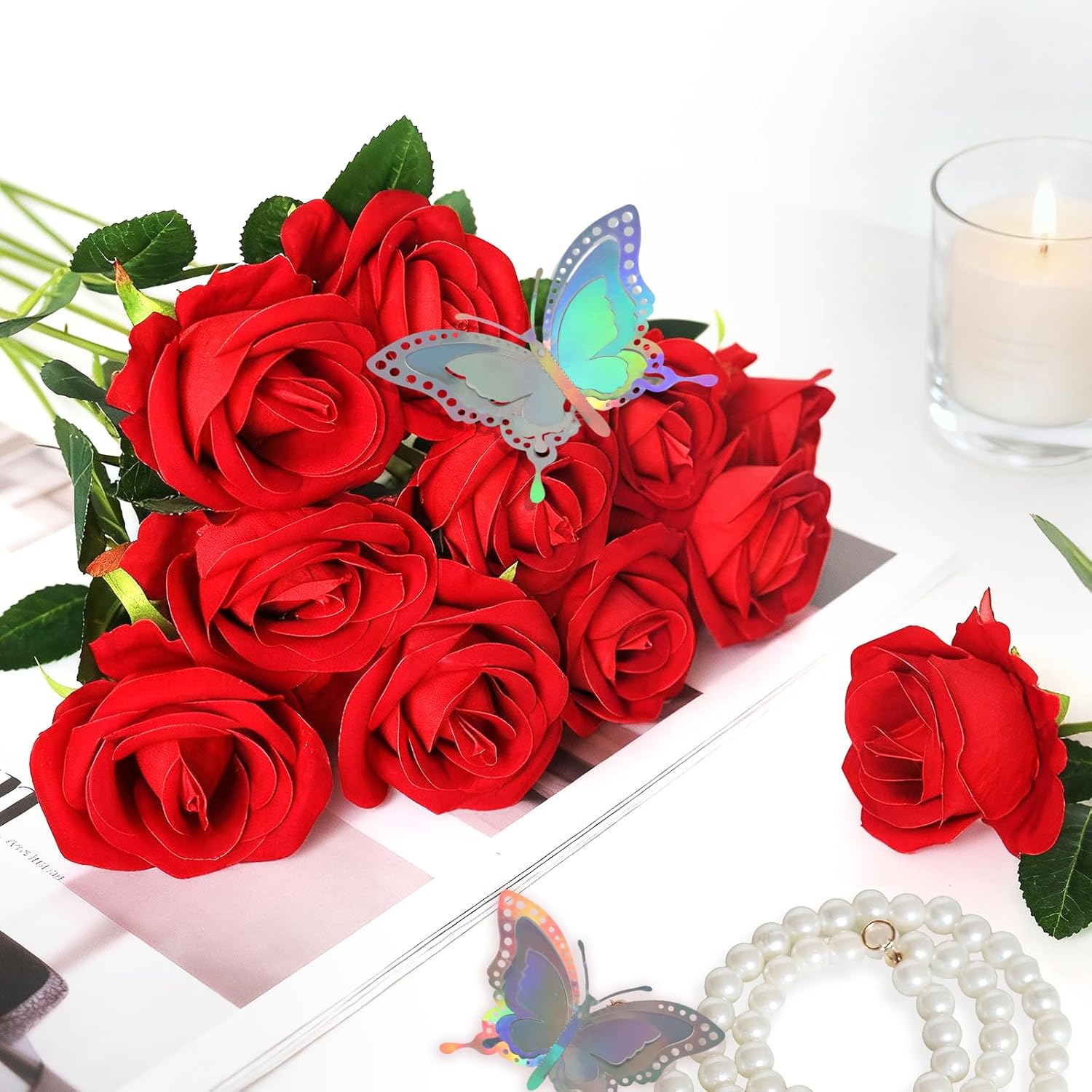 50 Pcs Fake Roses Red Artificial Flowers Bulk, Faux Velvet Silk Rose Bouquet with Long Stems Real Look for Wedding Party Centerpieces Vases Decor - Image 4