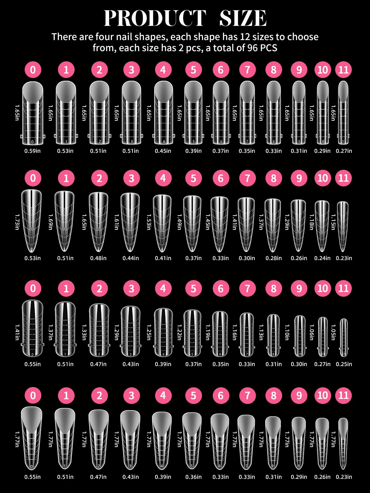 EBANKU 96PCS Poly Gel Nail Forms, Wielokrotnego użytku podwójne formy do Polygel Matte Stiletto Almond Square Nail Mold Akrylowe narzędzie do przedłużania paznokci do domowego salonu Manicure, 4 style