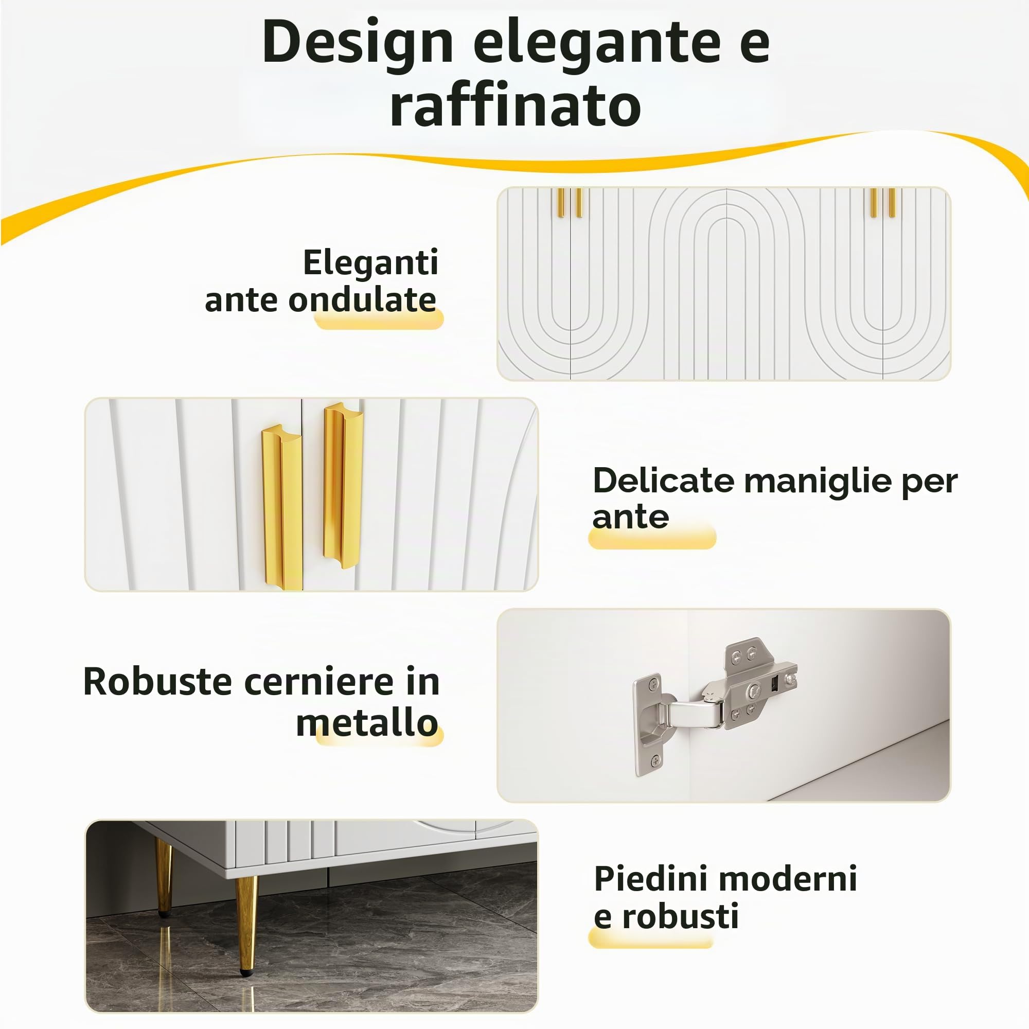 Credenza con design unico a onde e manici e piedi dorati che crea una sala da pranzo elegante 152 x 40 x 75 cm