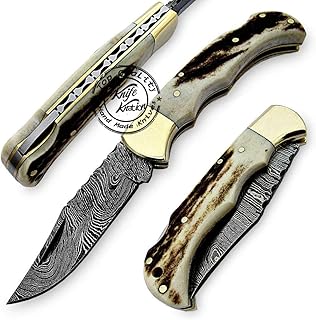 Stag Horn 6.5'' 100% Handmade Damascus Steel Folding Pocket Knife 100% Prime Quality - Knife Knation