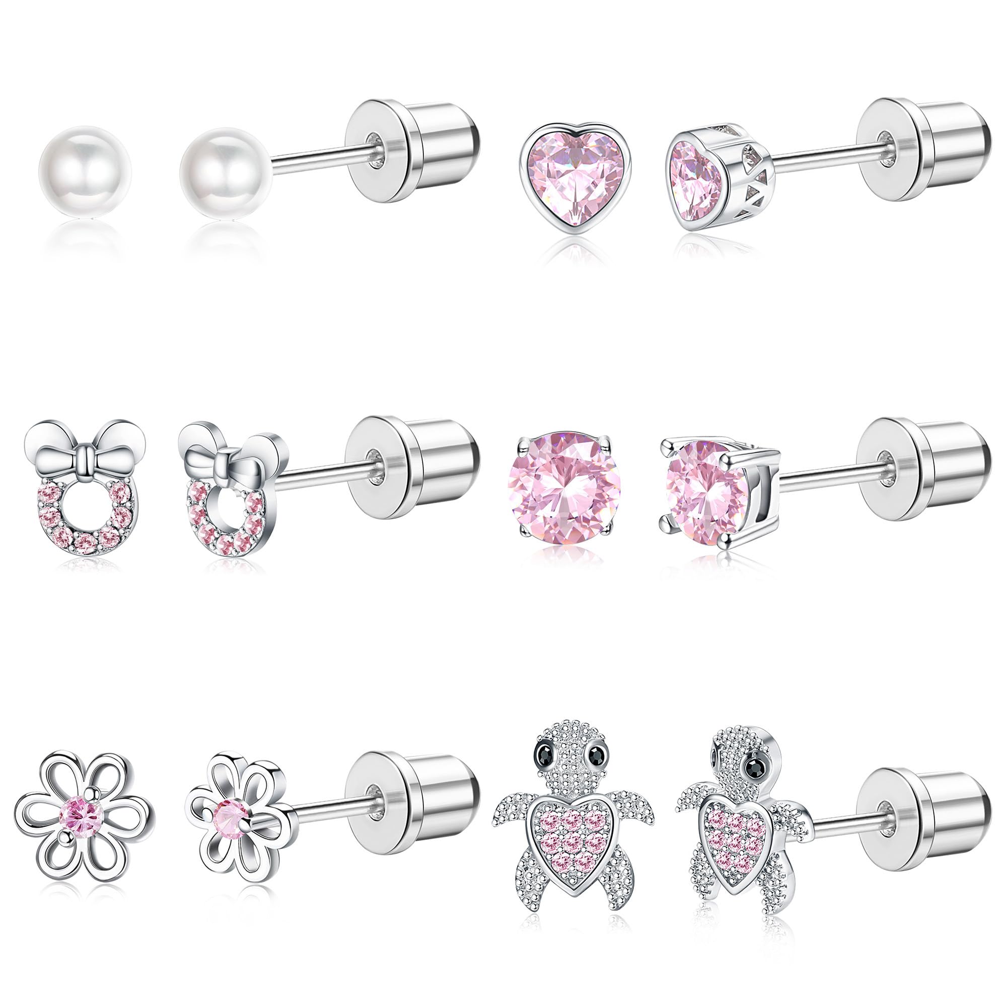 MILACOLATO 6Paires Boucles d'Oreilles Enfant Fille Femme Acier Inoxydable, Hypoallergéniques CZ Cartilage Clou Oreille Lot, Rose Zirconium Boule Coeur Fleur Vissé Dos Tragus Boucle d'Oreille Bijoux