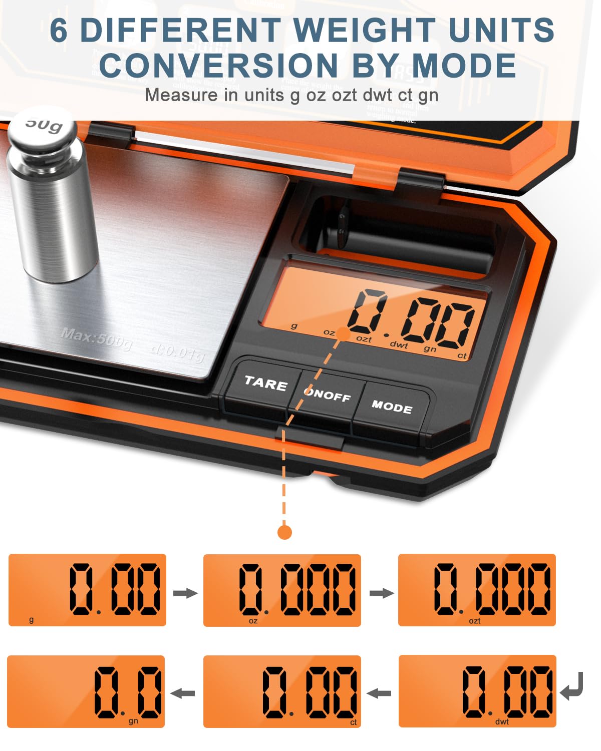 Báscula digital de bolsillo de 500 g, mini báscula digital de gramos con peso de calibración de 50 g