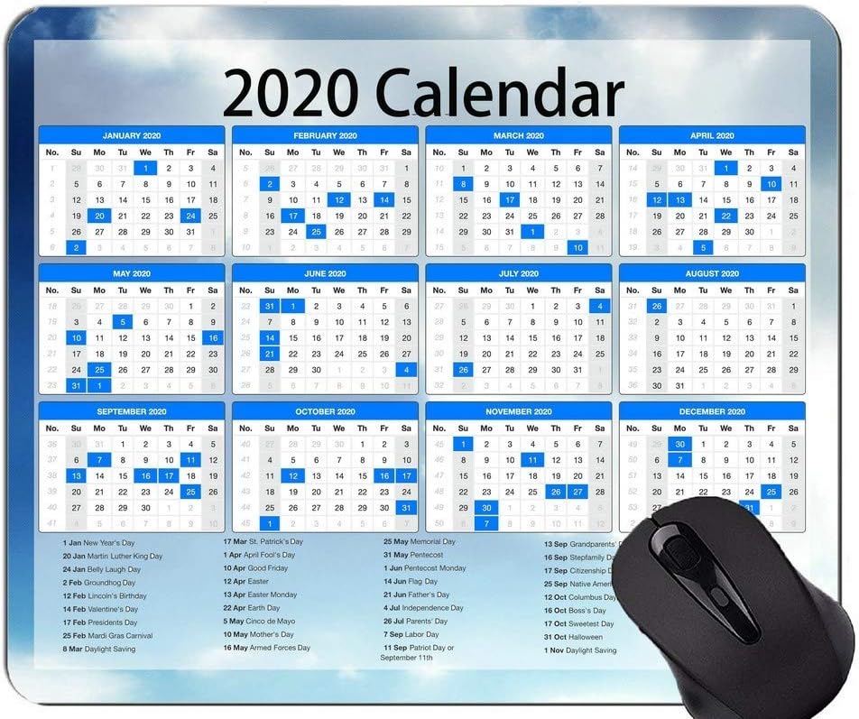 Calendar 2020 Year Mouse Pads Customized, Sky White Clouds Mouse Pad With Stitched Edge