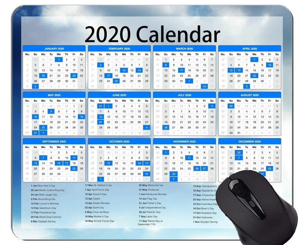 Calendar 2020 Year Mouse Pads Customized, Sky White Clouds Mouse Pad With Stitched Edge