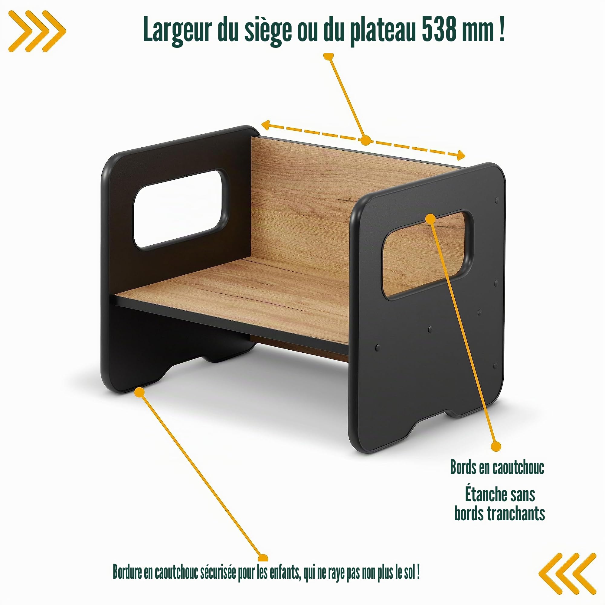 defiPad Banc en Bois évolutif pour Enfants - Modulable en Table et siège - 2 hauteurs d'assise - Élément de mobilier pour Aire de Jeux (Noir + Chêne)