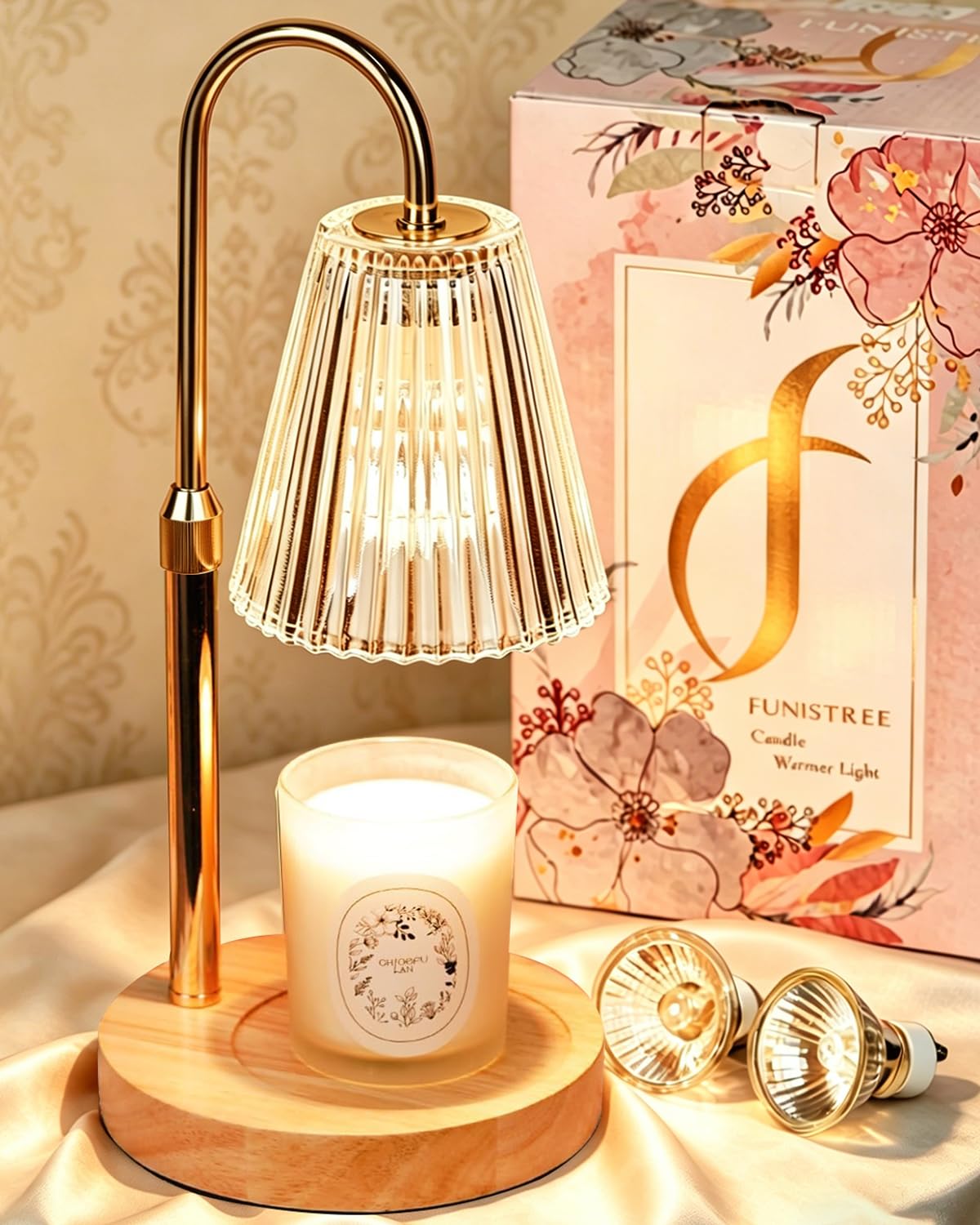 Funistree Lámpara Calentadora Velas, Candle Warmer Lamp, Regulable con Temporizador, Altura Ajustable, Calentador Eléctrico Sin Llama, Incluye 2 Bombillas, Regalo Ideal para Mujeres, Decoración Hogar