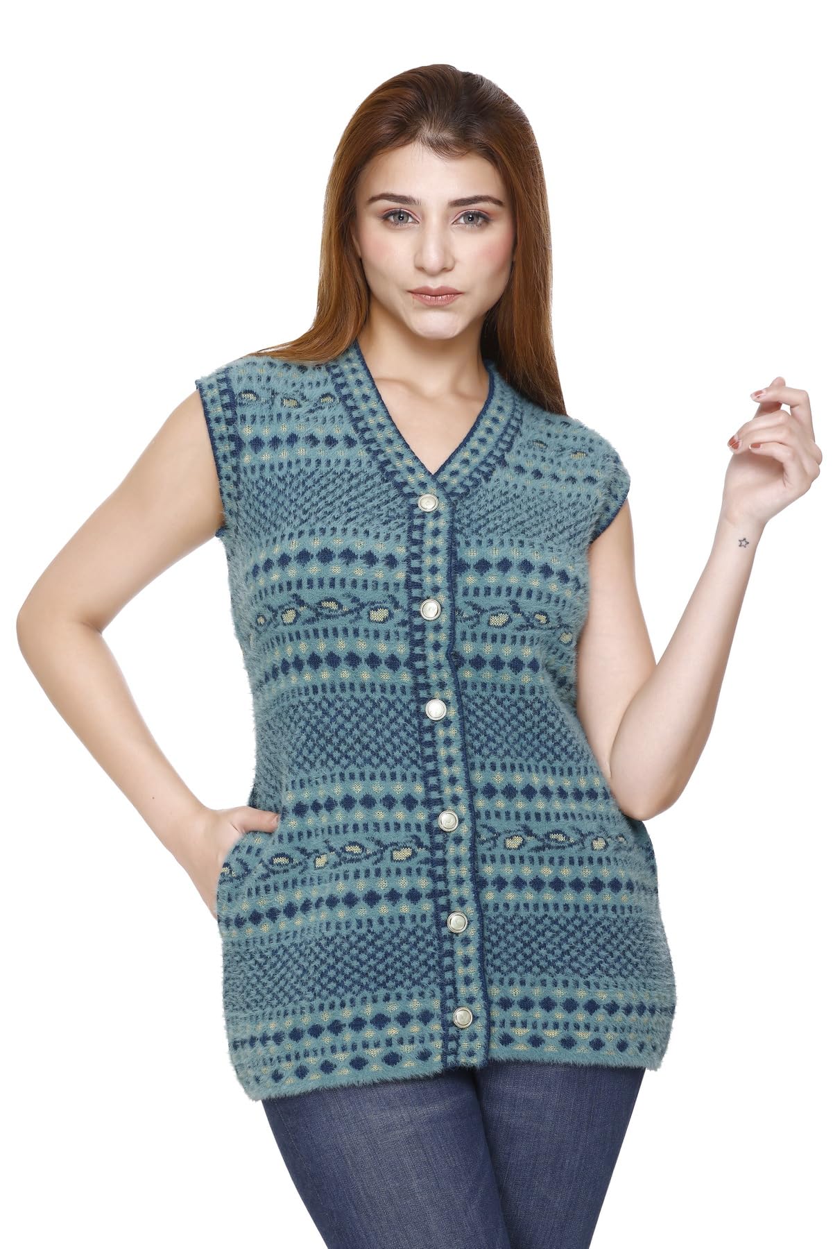 Sleeveless Woollen Cardigan for Women with Pockets