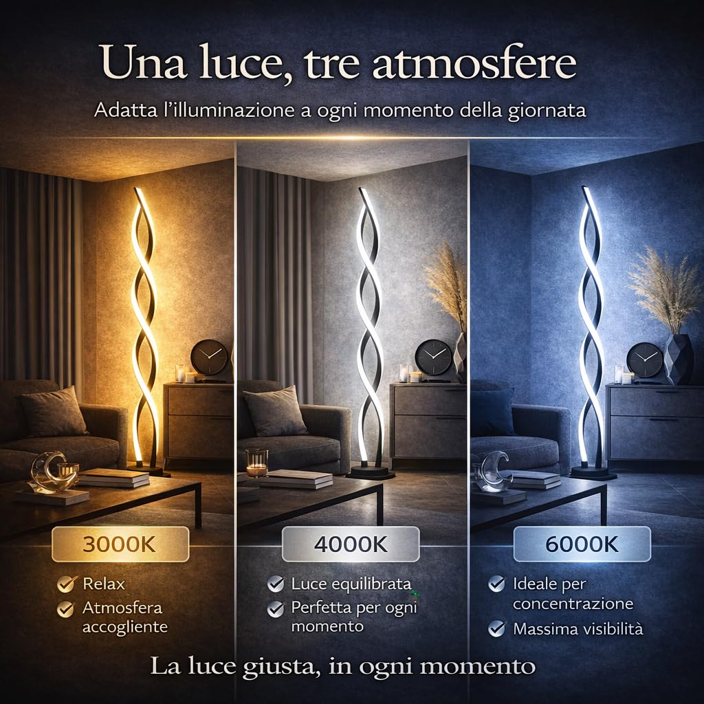 Arcadia Lampada da Terra LED Moderna Spirale | Piantana Design Contemporaneo | Luce Calda/Fredda | Lampada Salotto Camera da Letto Studio, Arredo Interni Elegante 120 cm (Nero)