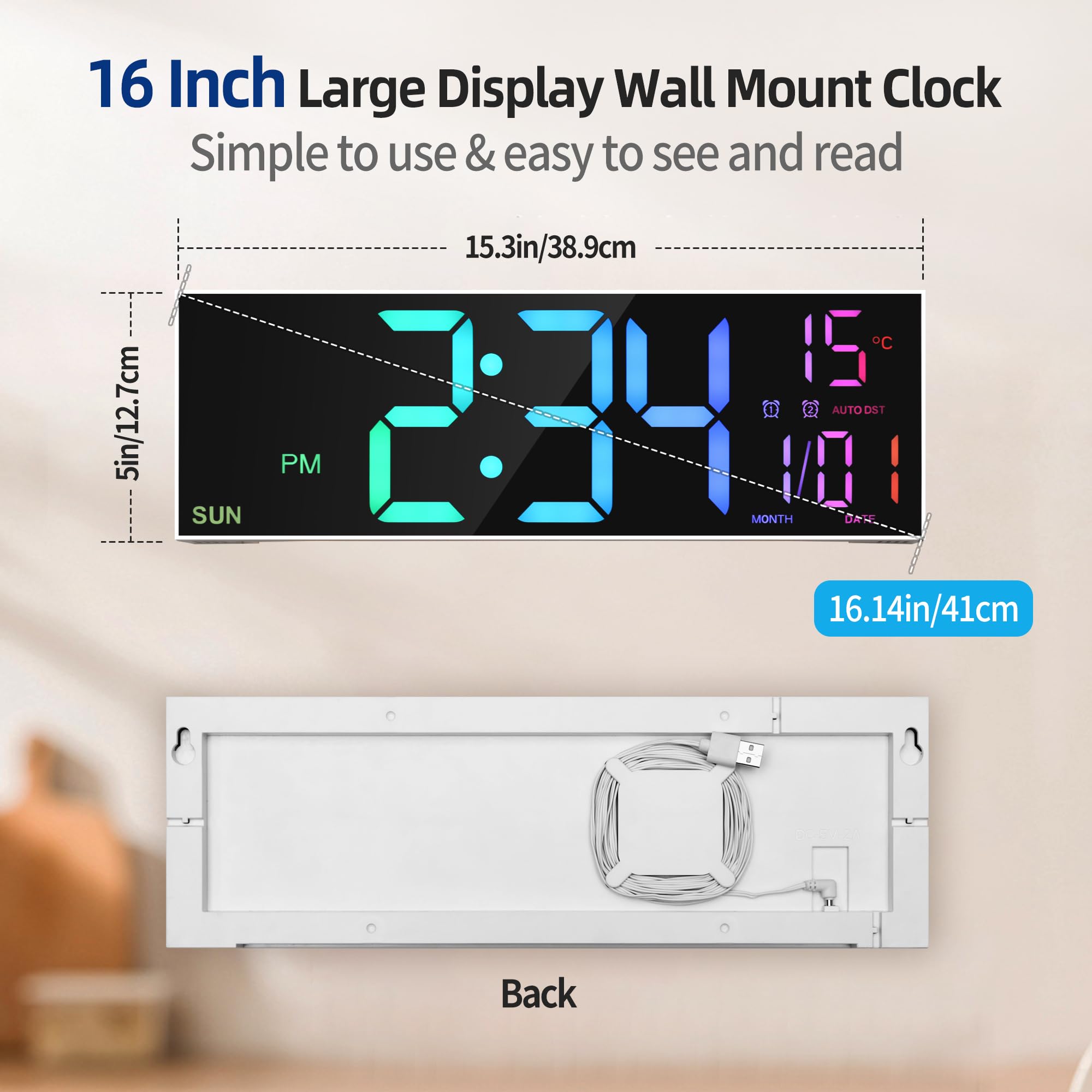 LEIKE Grande horloge murale numérique de 40,6 cm avec télécommande, double alarme pour salon, chambre à coucher, décoration de cuisine, 8 couleurs RVB, grand écran LED, luminosité automatique, date,