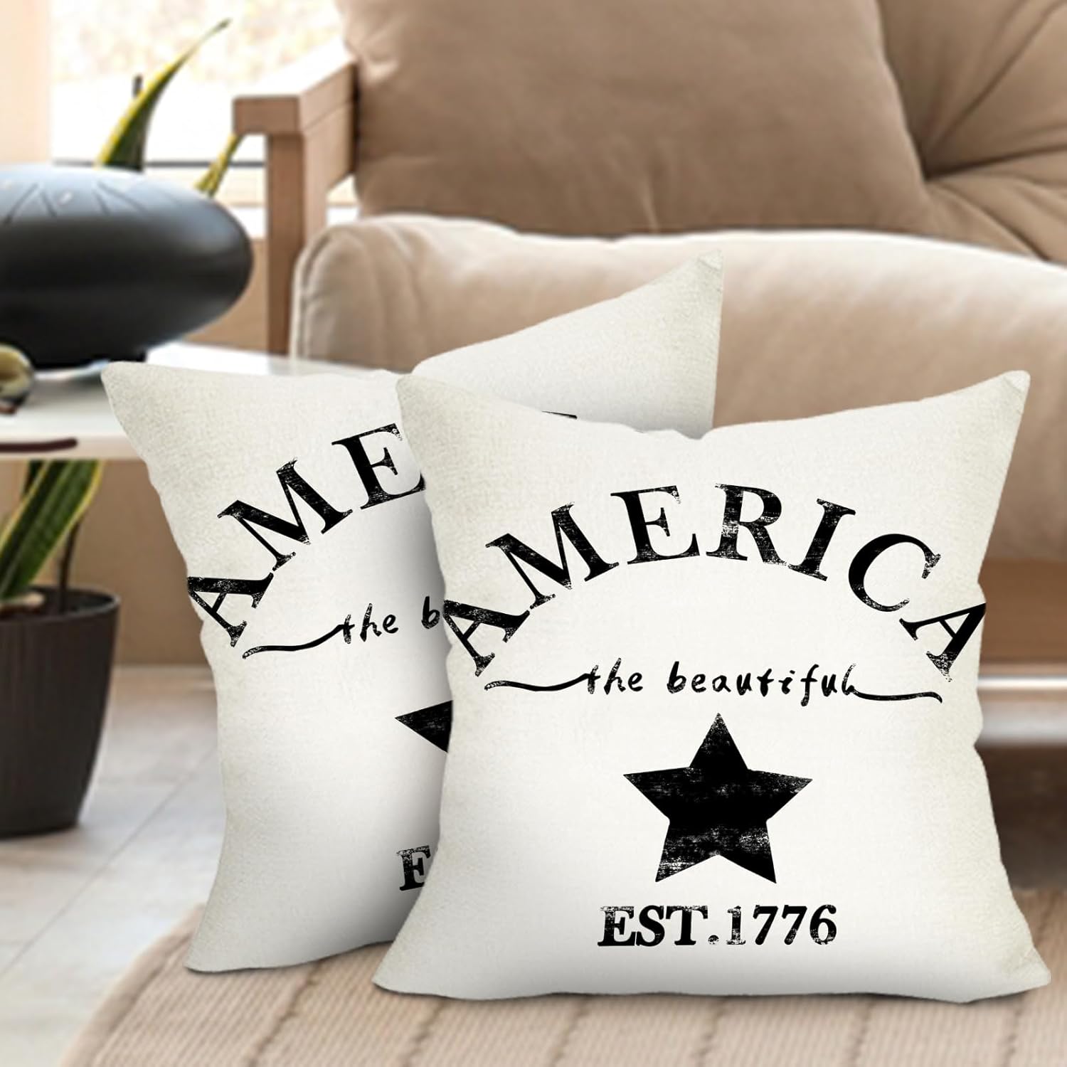 4th of July Star Decorative Throw Pillow Covers 18 x 18 Set of 2, Patriotic America The Beautiful Est. 1776 Porch Outdoor Home Decor, American USA Farmhouse Couch Cushion Case