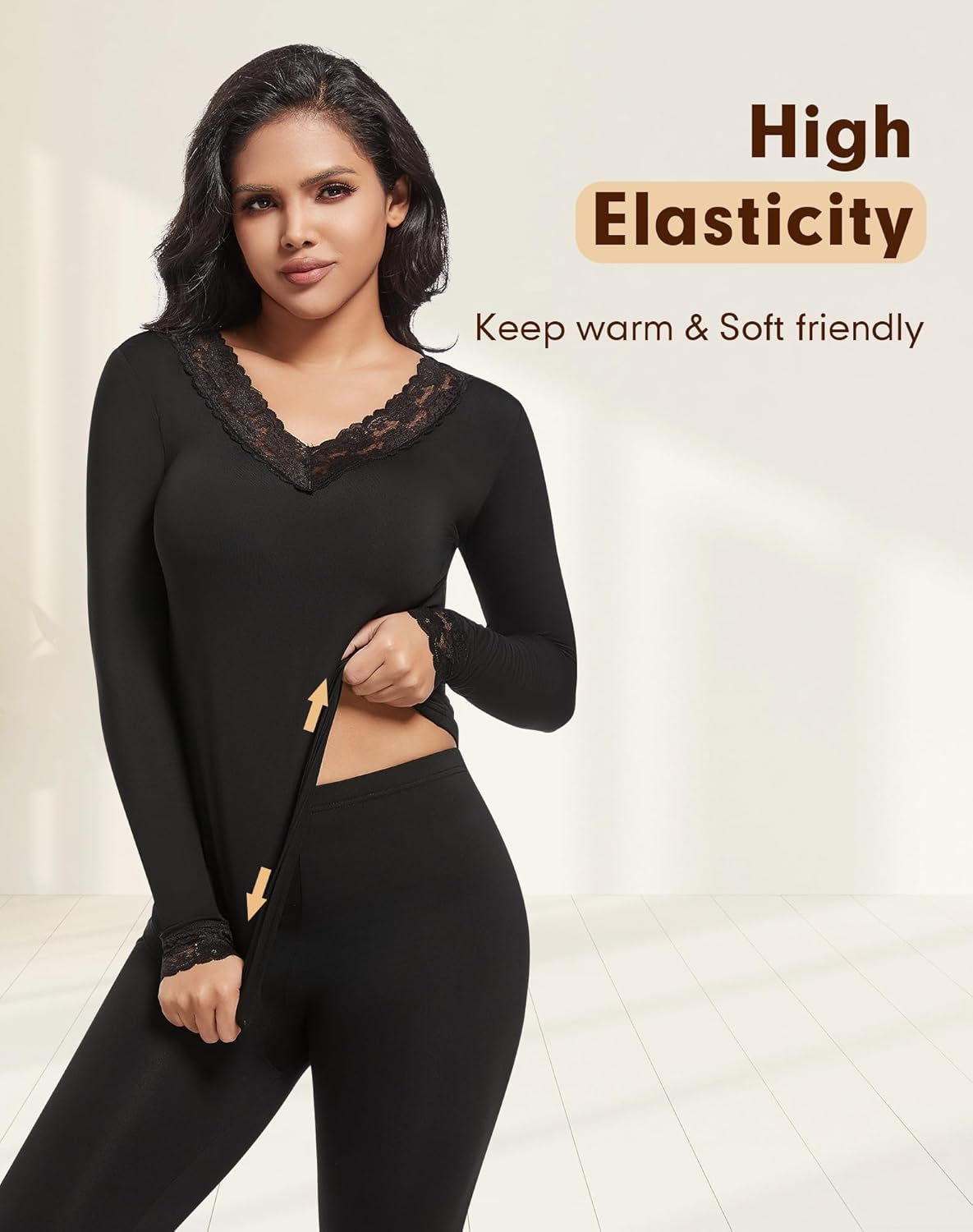 MANCYFIT Thermal Underwear for Women Long Sleeve Undershirt Lace V Neck Shirts Fleece Lined Tops Cold Weather - Image 4