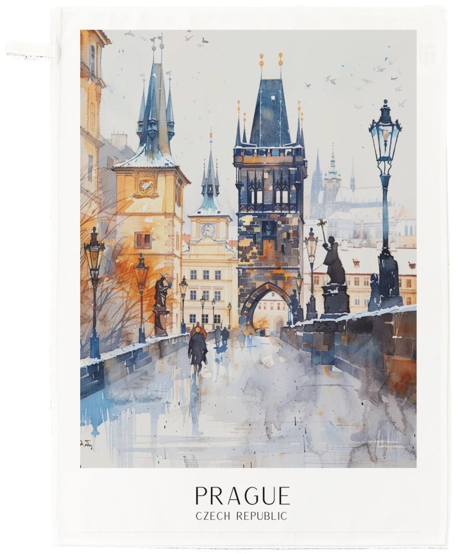 Half A Donkey White Watercolour Prague Cotton Tea Towel – Charles Bridge & Old Town Architecture
