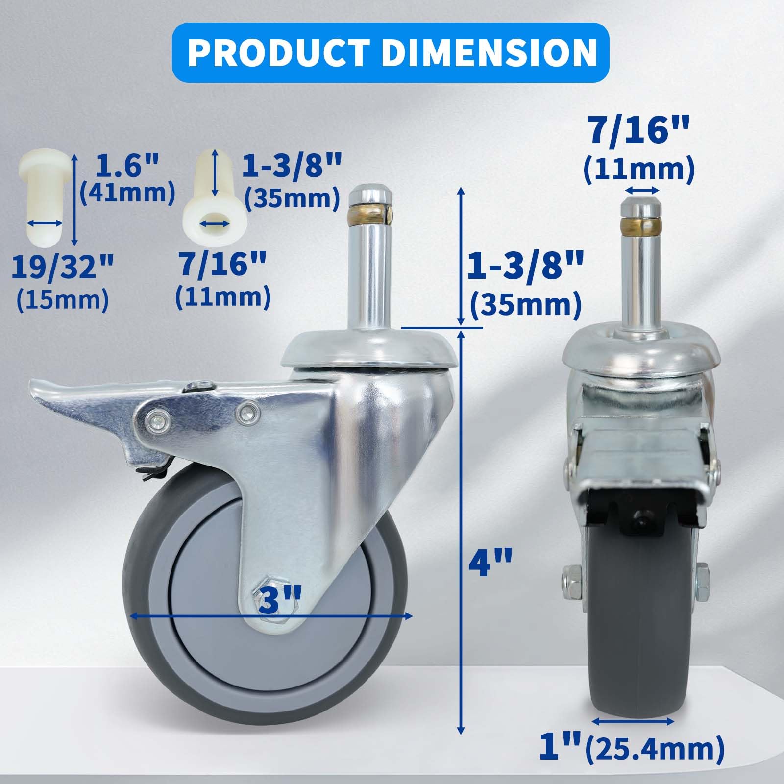 Ruote piroettanti con Freno, Diametro Stelo 7/16" (7,8 mm), Resistenti, in TPR, Set da 4 per Secchio per mocio Rubbermaid, Carrello, Sgabello, Barbecue, aspirapolvere da Officina.