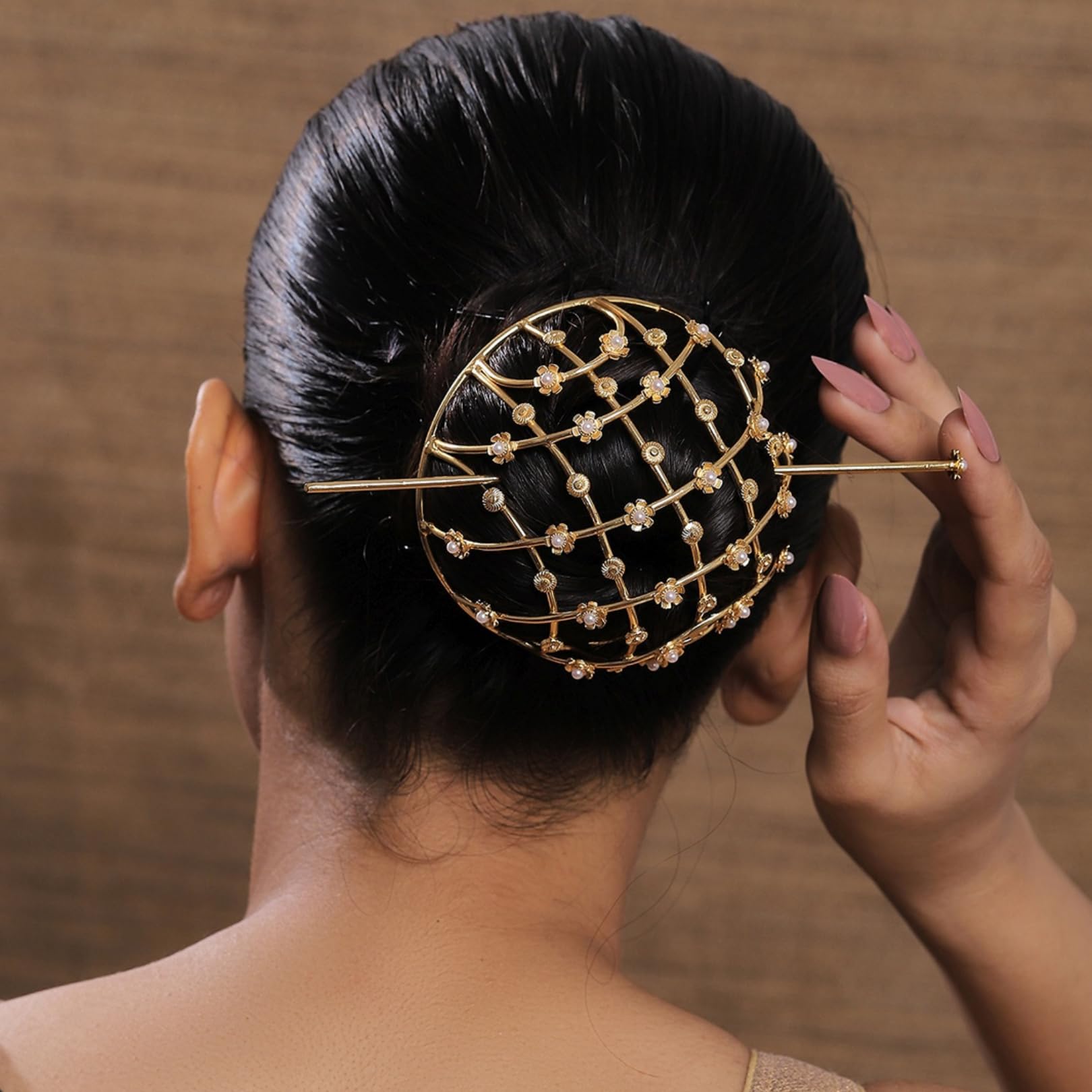 VIANA JEWELS Hair Bun Cage Accessory for Women | Handcrafted Brass Juda Cover with Stick | Anti-Tarnish Traditional Hair Accessory for Wedding & Festive (Pear Flower Hair Bun (Golden)) 3