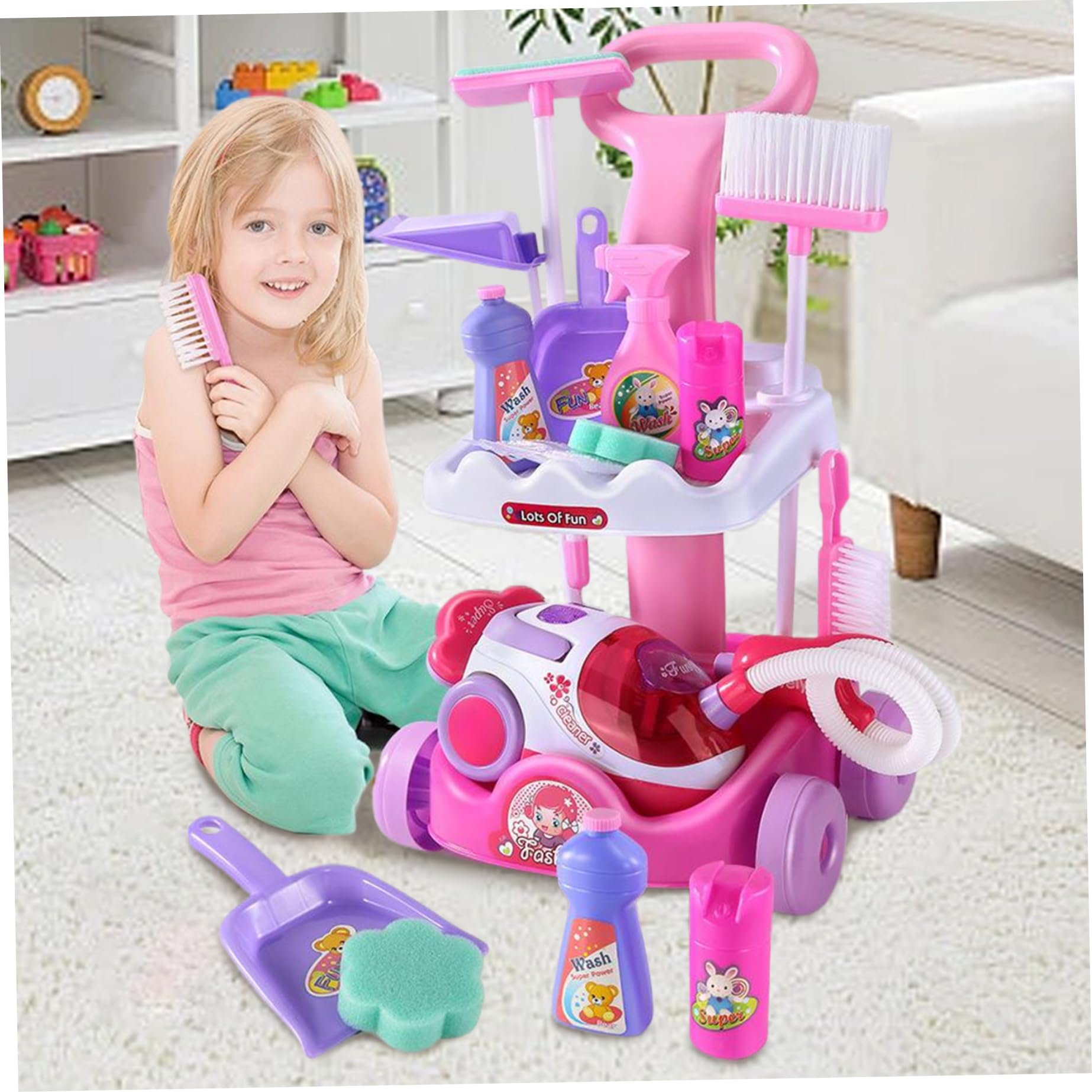 Set di Pulizia per Bambini Carrello di Pulizia per Giochi di Ruolo Set di educativo per Bambini con aspirapolvere funzionante, Scopa, Bottiglia Spray e Altro per 1-3