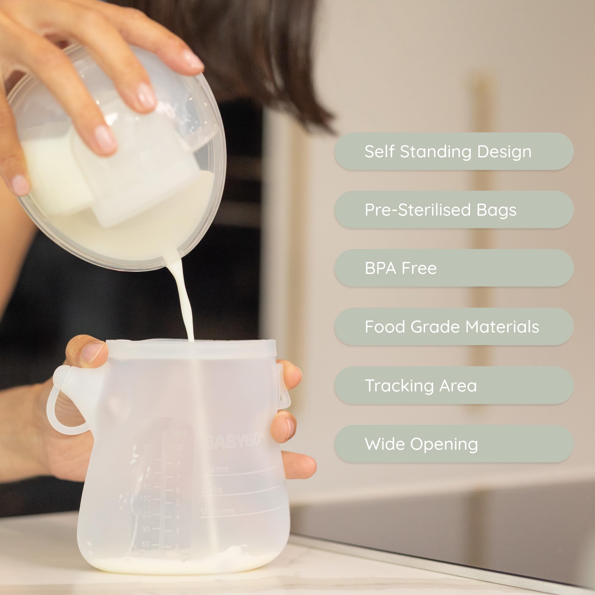 BABYGO® 5 Pcs Reusable Silicone Breast Milk Storage Bags, BPA-Free, Leak-Proof, Freezer & Dishwasher Safe, Easy Pour Spout - Image 2