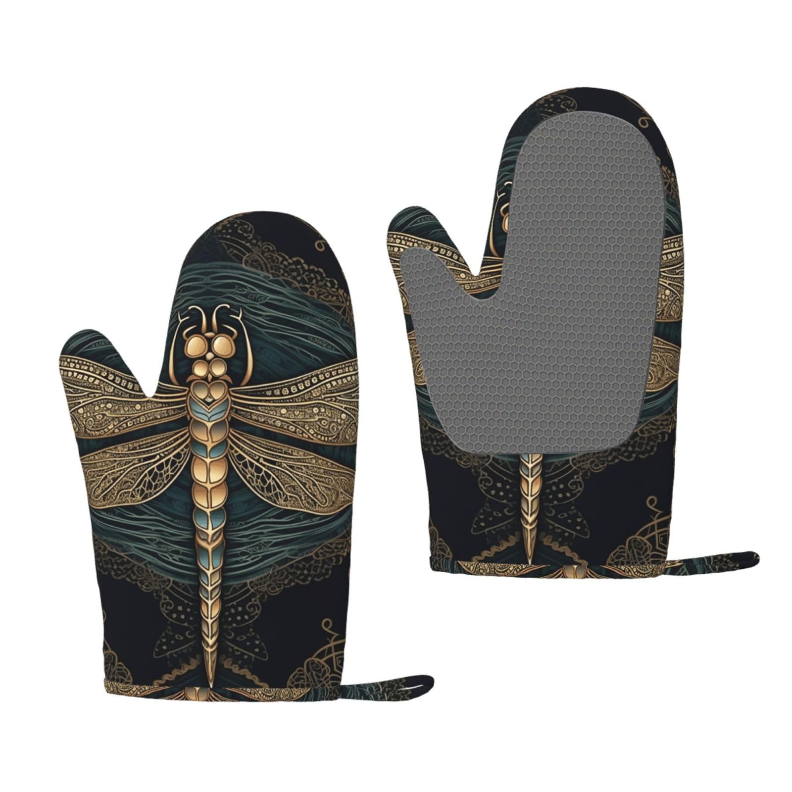 Oven Mitts Sets of 2 Heat Resistant Kitchen Gloves Dragonfly Oven Mitts BBQ Oven Gloves Non-Slip Silicone Oven Mitts Waterproof Cooking Safety Gloves for Kitchen Baking Cooking
