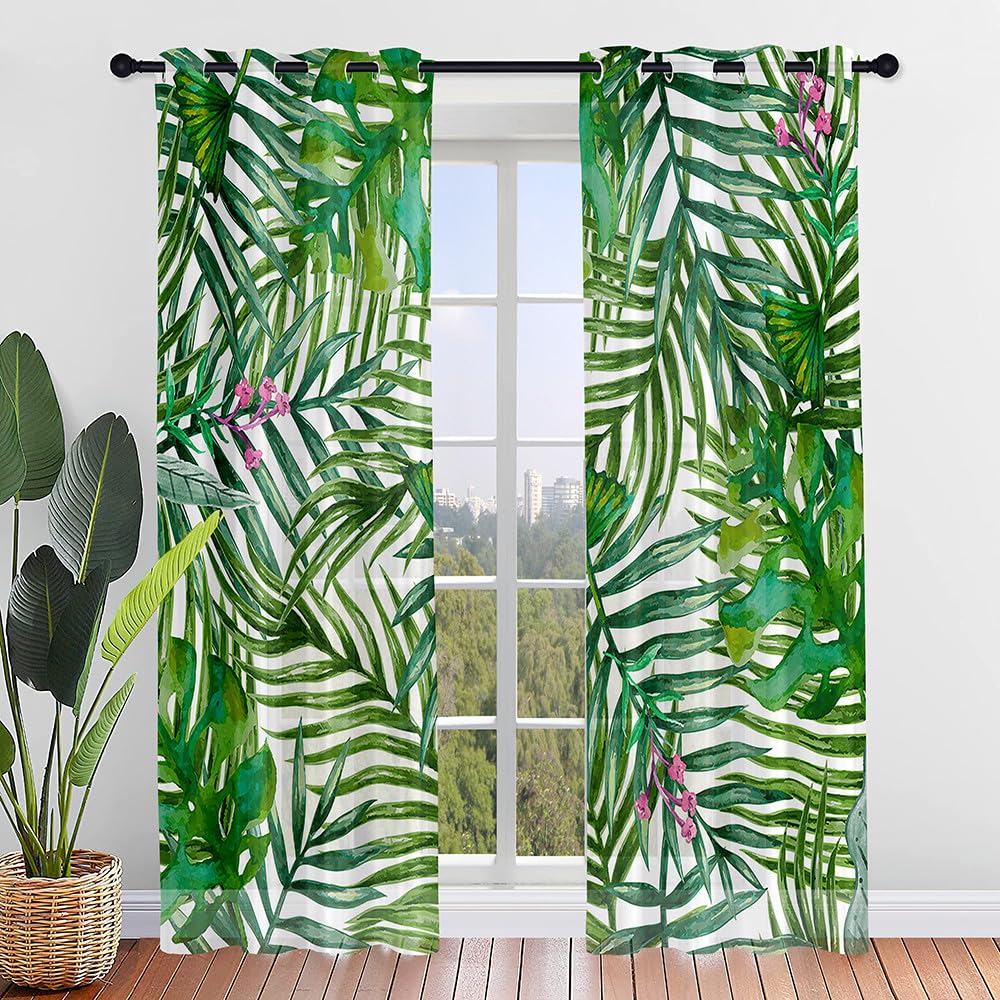 Odot Cortinas Visillos Salon Translucidas con Estampado de Hoja de Palma Verde, Cortina para Ventana Dormitorio Cocina Moderno Decorativa con Ojales, 2 Piezas (Plantas Tropicales 2,80x115cm)