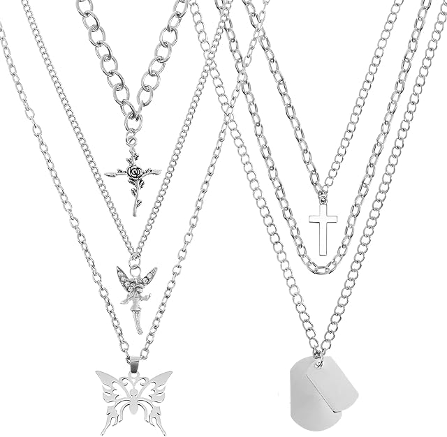 PHOGARY 2 Pieces Chain Necklace Egirl Chains Statement Butterfly Pendant Necklace Sliver Set, Eboy Long Multilayer Chains Cool Punk Choker Padlock Necklaces Fashion Hip Hop Jewelry for Men Women
