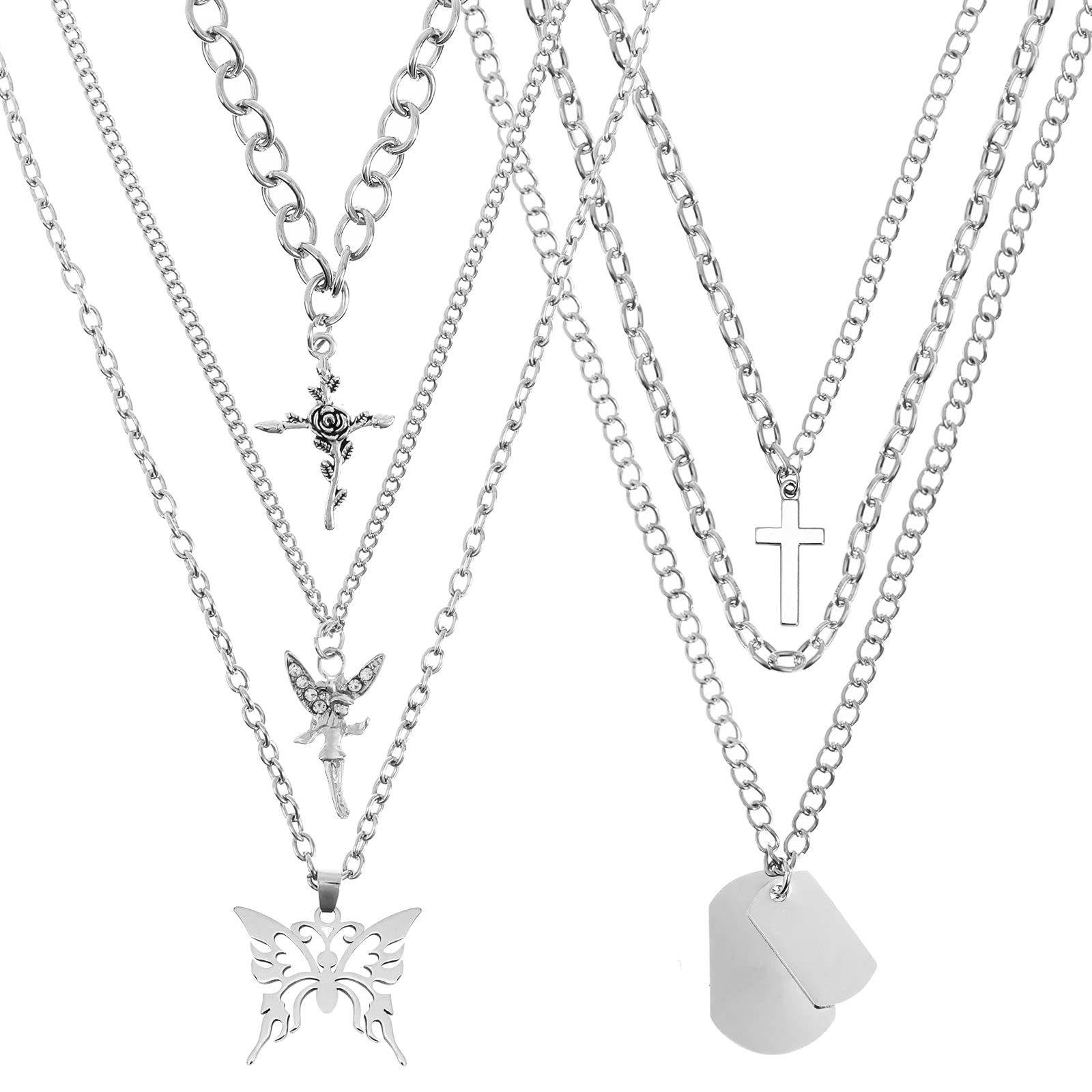 PHOGARY2 Pieces Chain Necklace Egirl Chains Statement Butterfly Pendant Necklace Sliver Set, Eboy Long Multilayer Chains Cool Punk Choker Padlock Necklaces Fashion Hip Hop Jewelry for Men Women